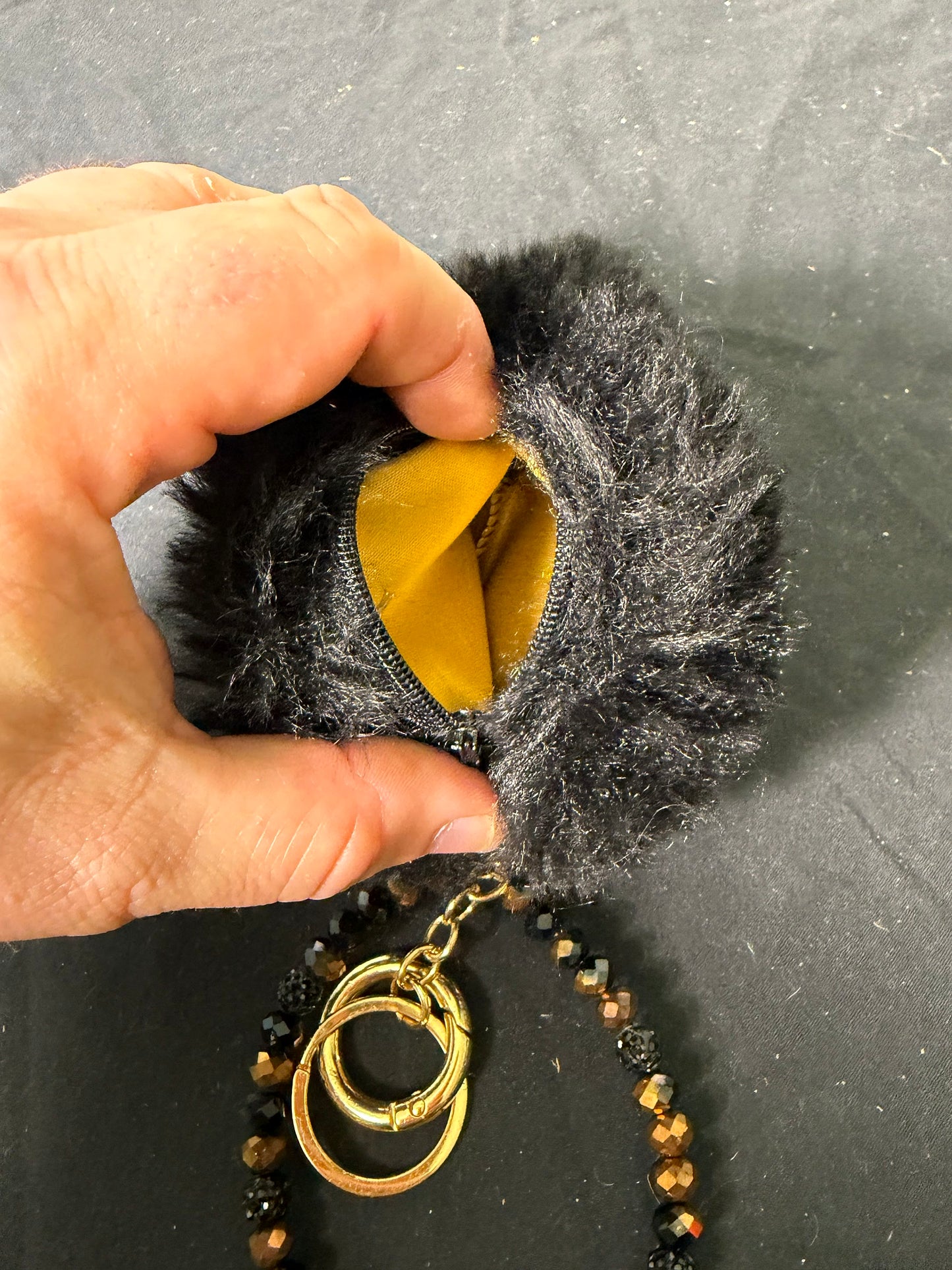 Faux Fur Black Keychain Pouch with Beaded Ring