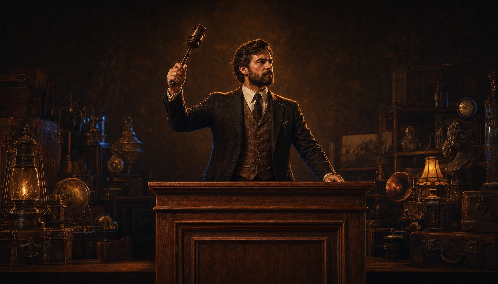 Auctioneer raising a gavel in a warm vintage auction room