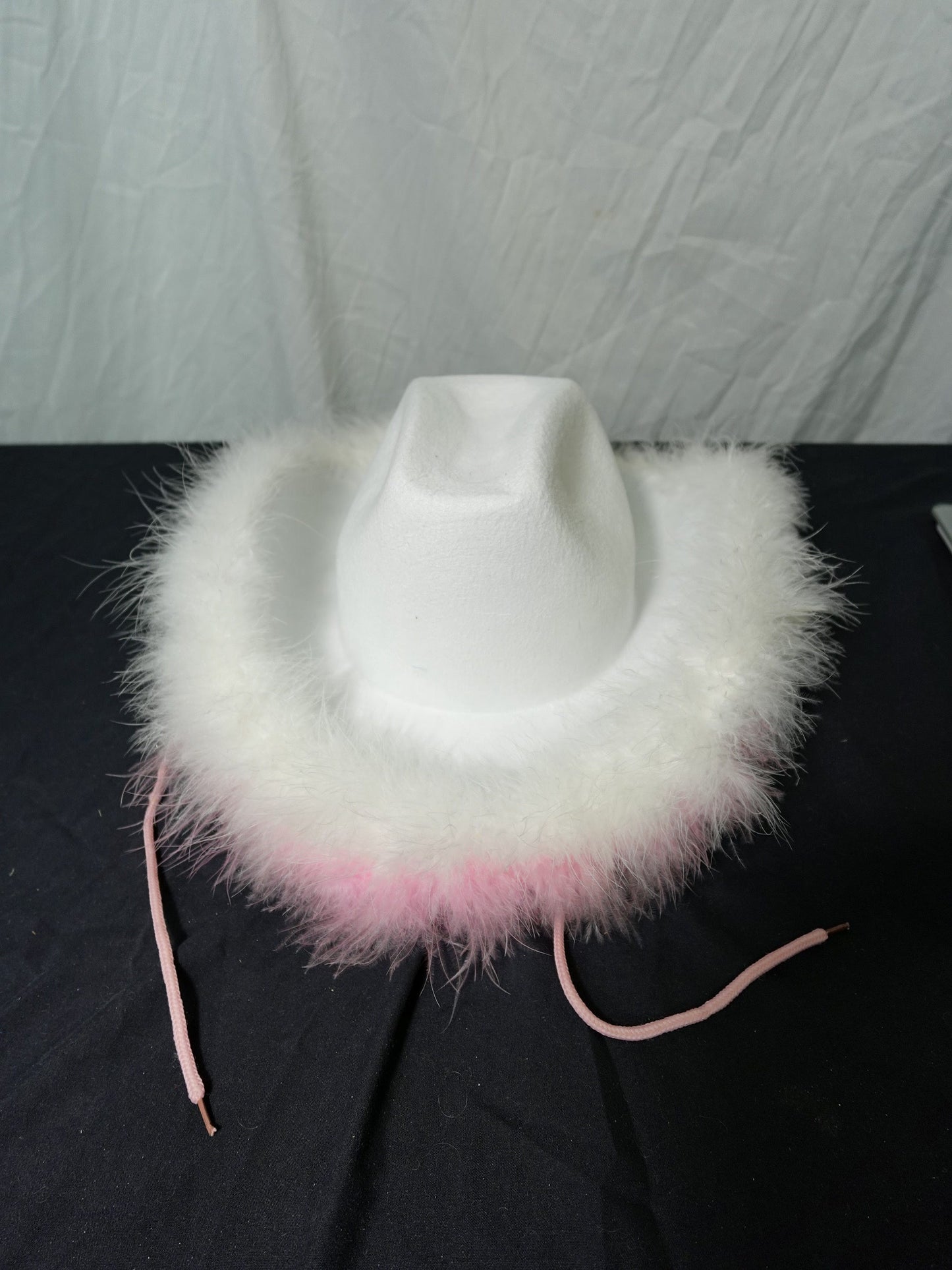 White Pink Faux Fur Cowgirl Cowboy Hat with Pink Chin Cord