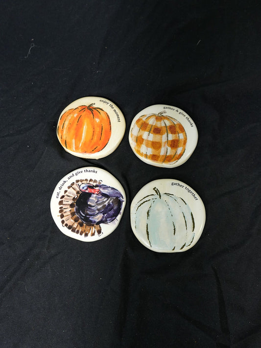 Mud Pie Thanksgiving Ceramic Coaster and Holder Set of 4