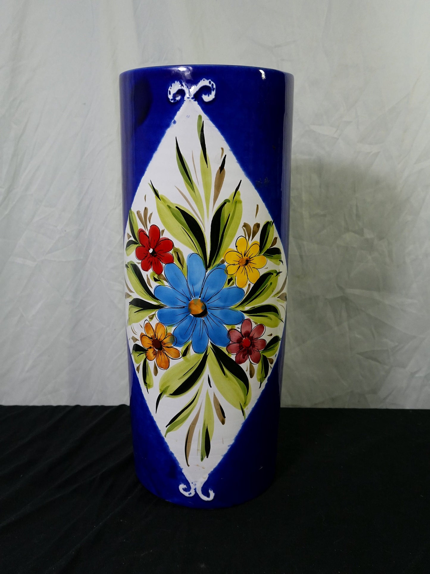 Tall Ceramic Floral Umbrella Holder Vase Blue White Design