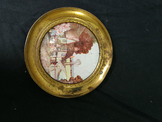 Vintage Solid Brass Plate Wall Hanger with Scenery Insert Made in England