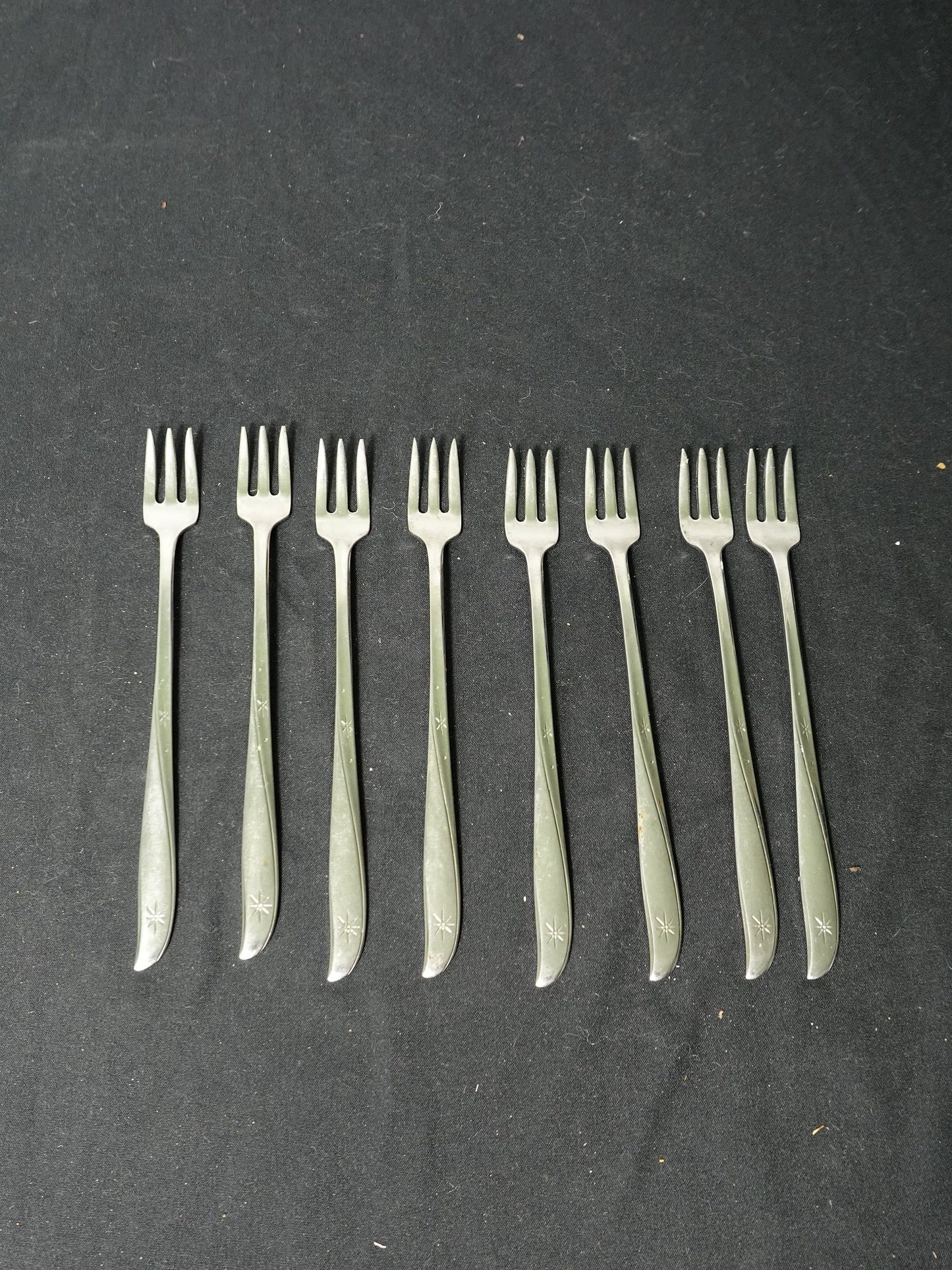 Set of 8 Oneida Twin Star Cocktail Forks Community Stainless Atomic Vintage
