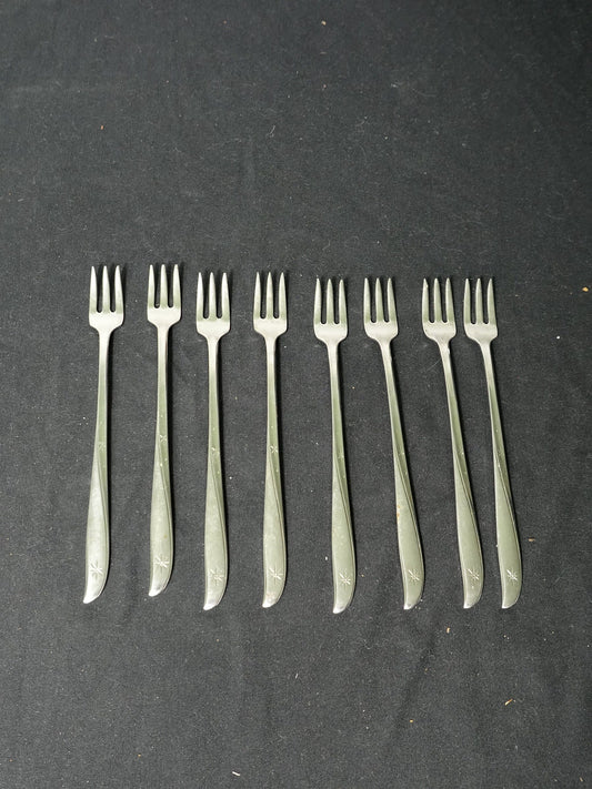 Set of 8 Oneida Twin Star Cocktail Forks Community Stainless Atomic Vintage