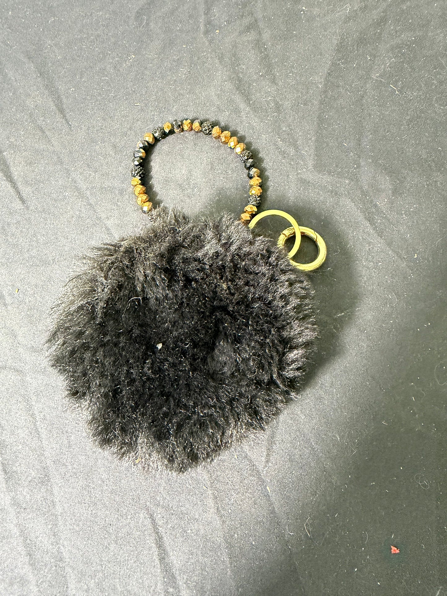 Faux Fur Black Keychain Pouch with Beaded Ring