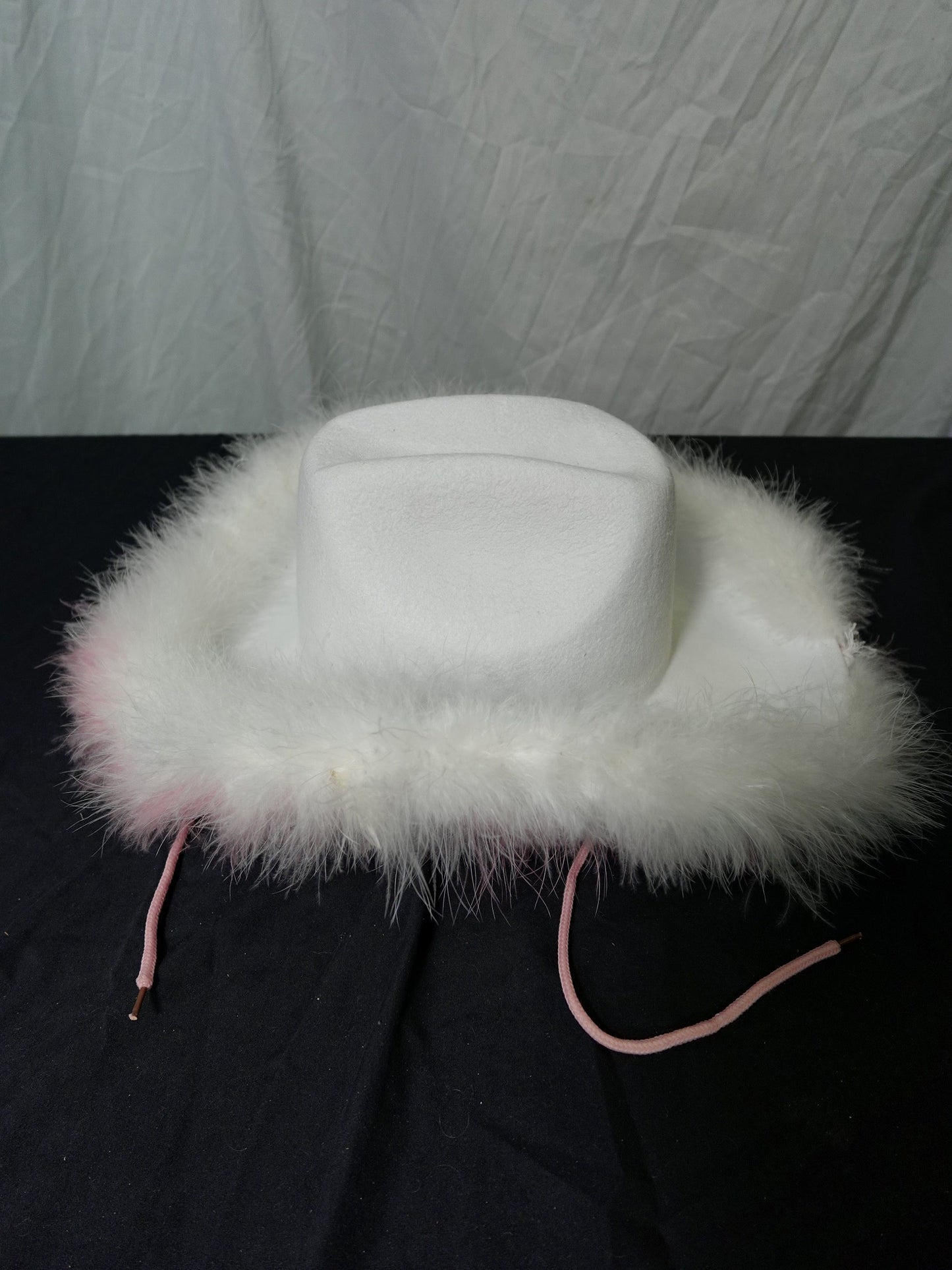 White Pink Faux Fur Cowgirl Cowboy Hat with Pink Chin Cord