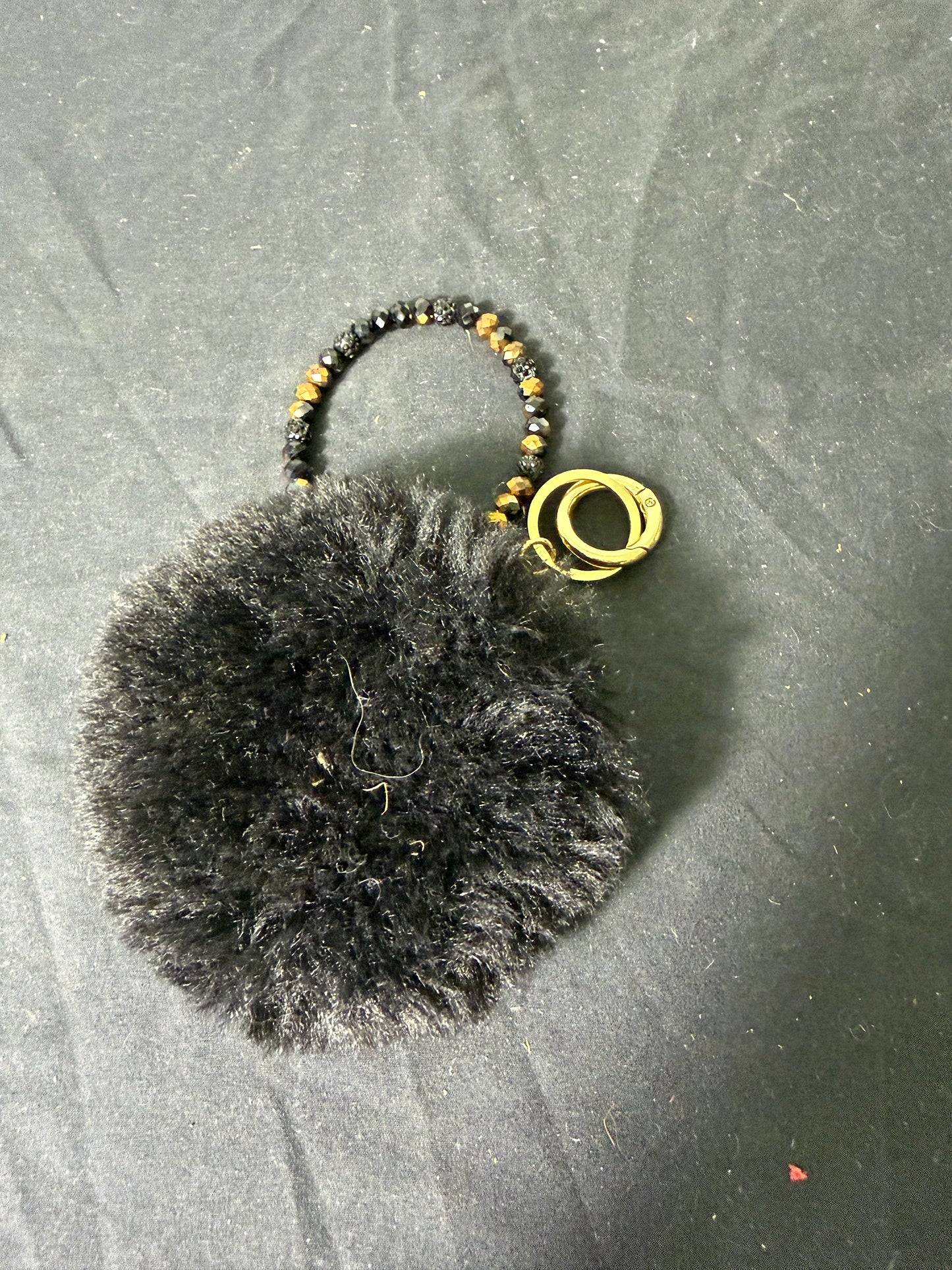 Faux Fur Black Keychain Pouch with Beaded Ring