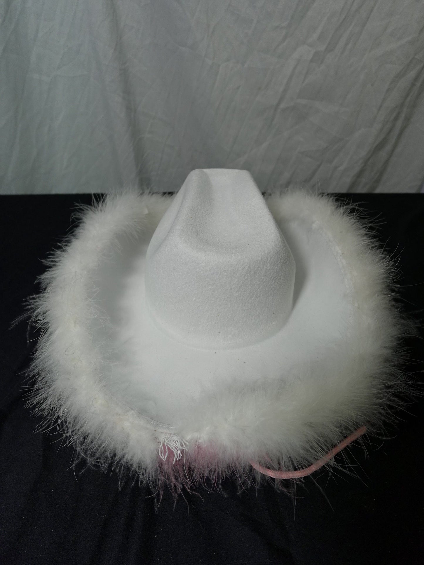 White Pink Faux Fur Cowgirl Cowboy Hat with Pink Chin Cord