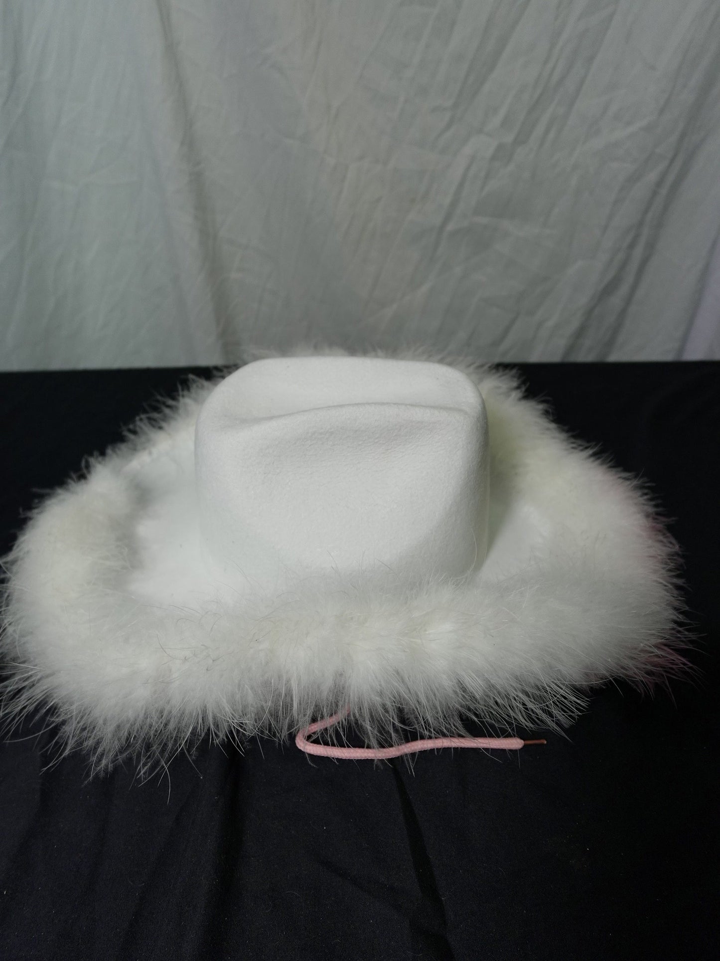 White Pink Faux Fur Cowgirl Cowboy Hat with Pink Chin Cord
