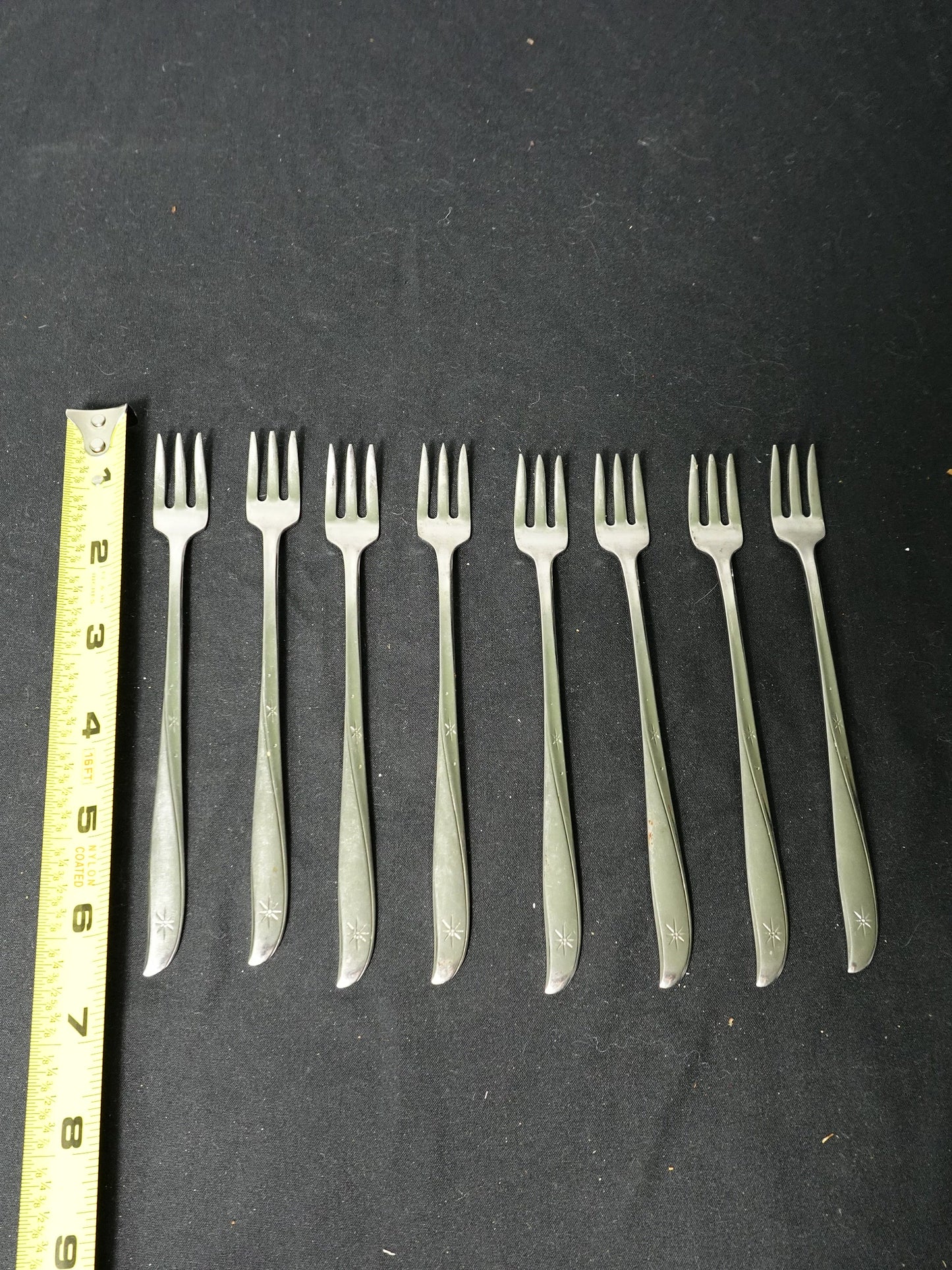 Set of 8 Oneida Twin Star Cocktail Forks Community Stainless Atomic Vintage