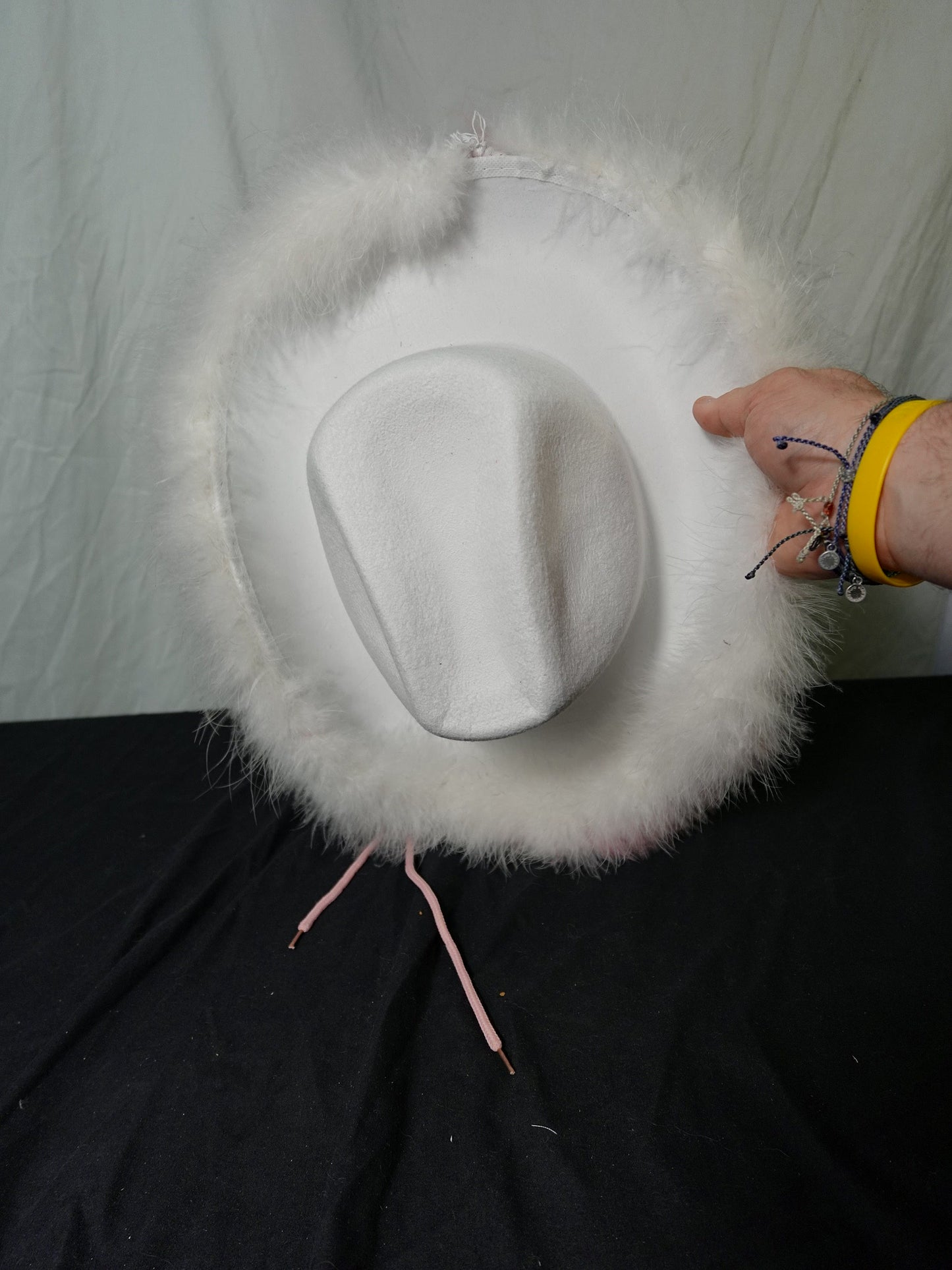White Pink Faux Fur Cowgirl Cowboy Hat with Pink Chin Cord
