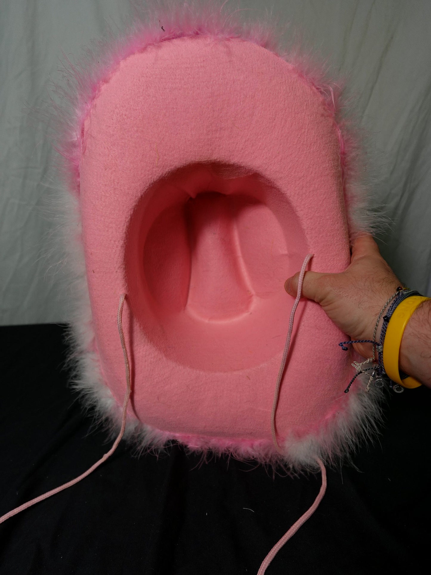 White Pink Faux Fur Cowgirl Cowboy Hat with Pink Chin Cord