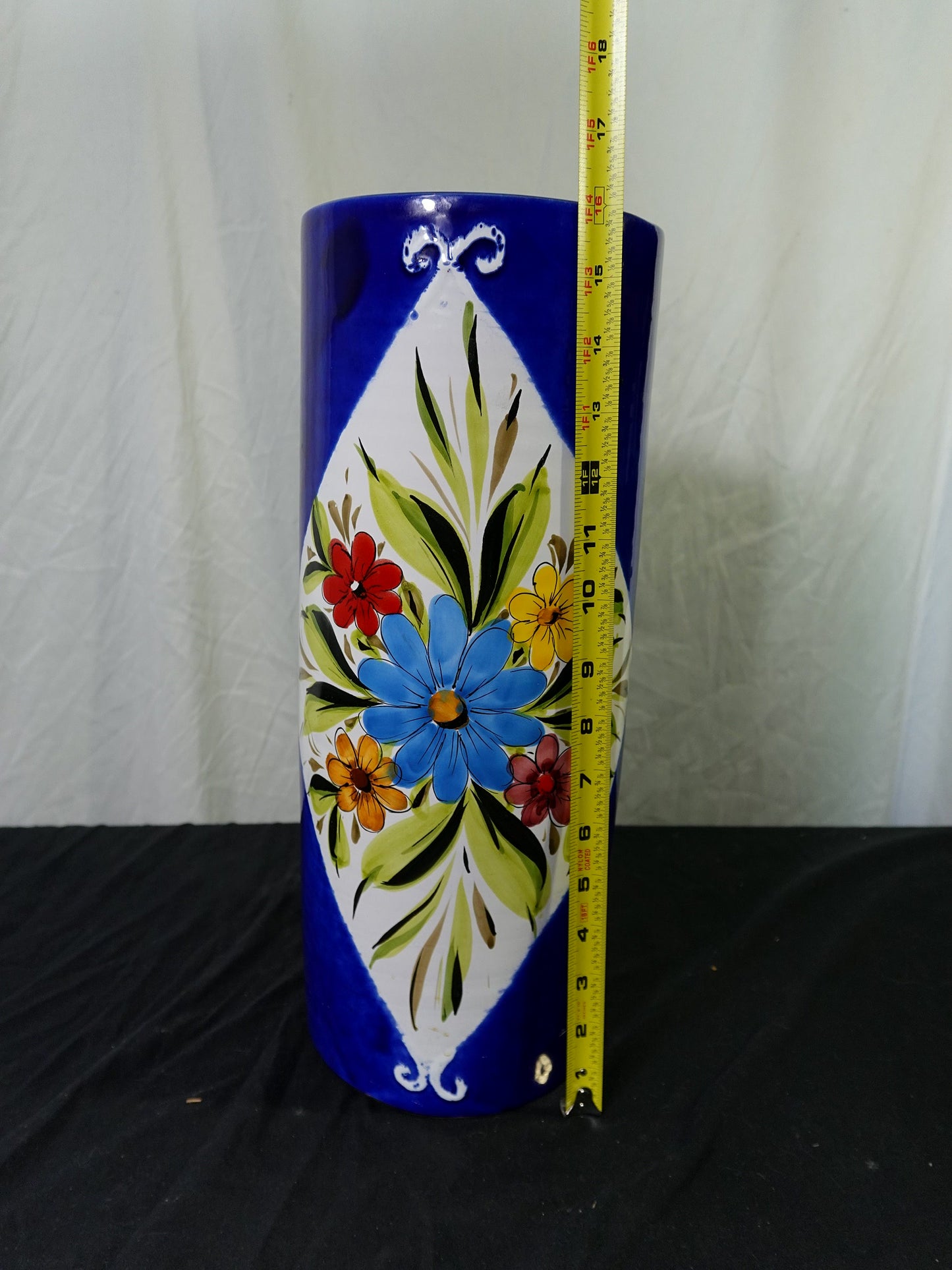 Tall Ceramic Floral Umbrella Holder Vase Blue White Design