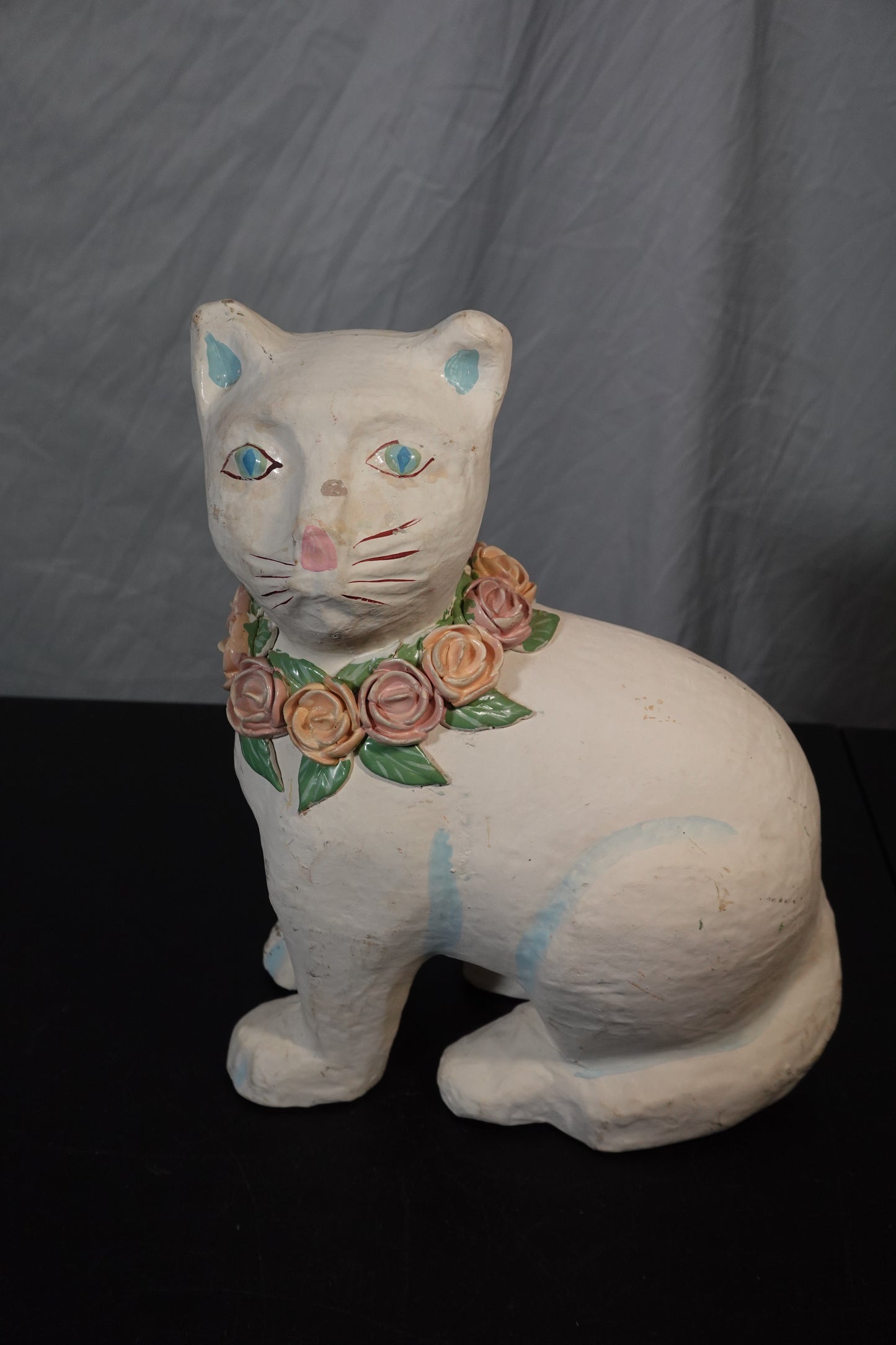 Unique Vintage Cat Figurine with Floral Collar
