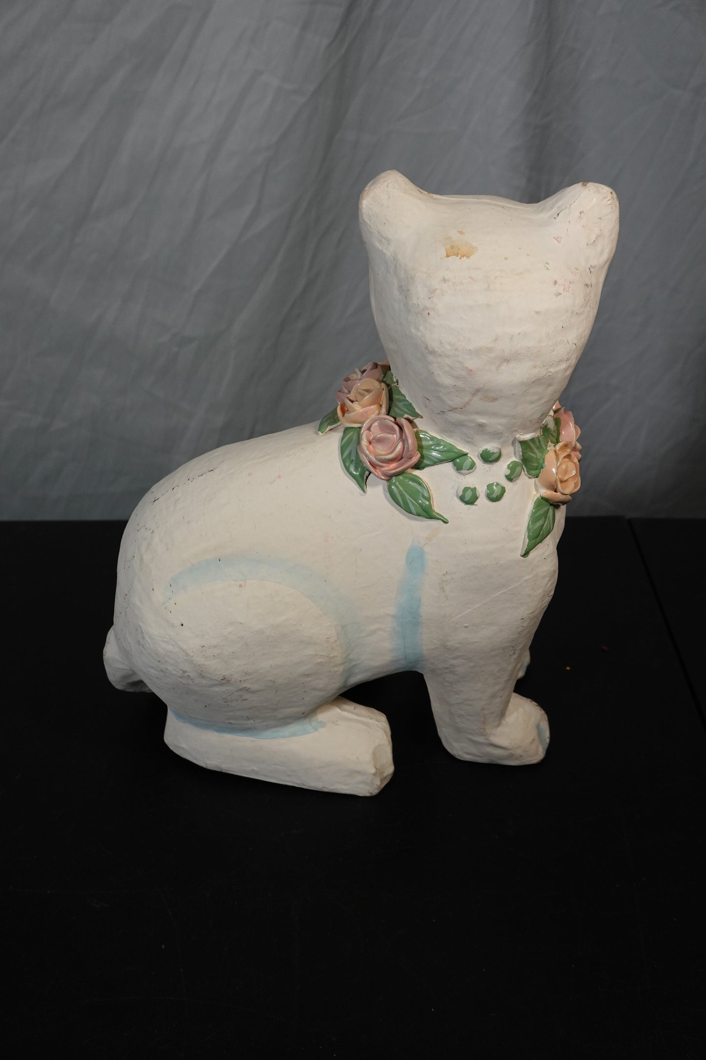 Unique Vintage Cat Figurine with Floral Collar