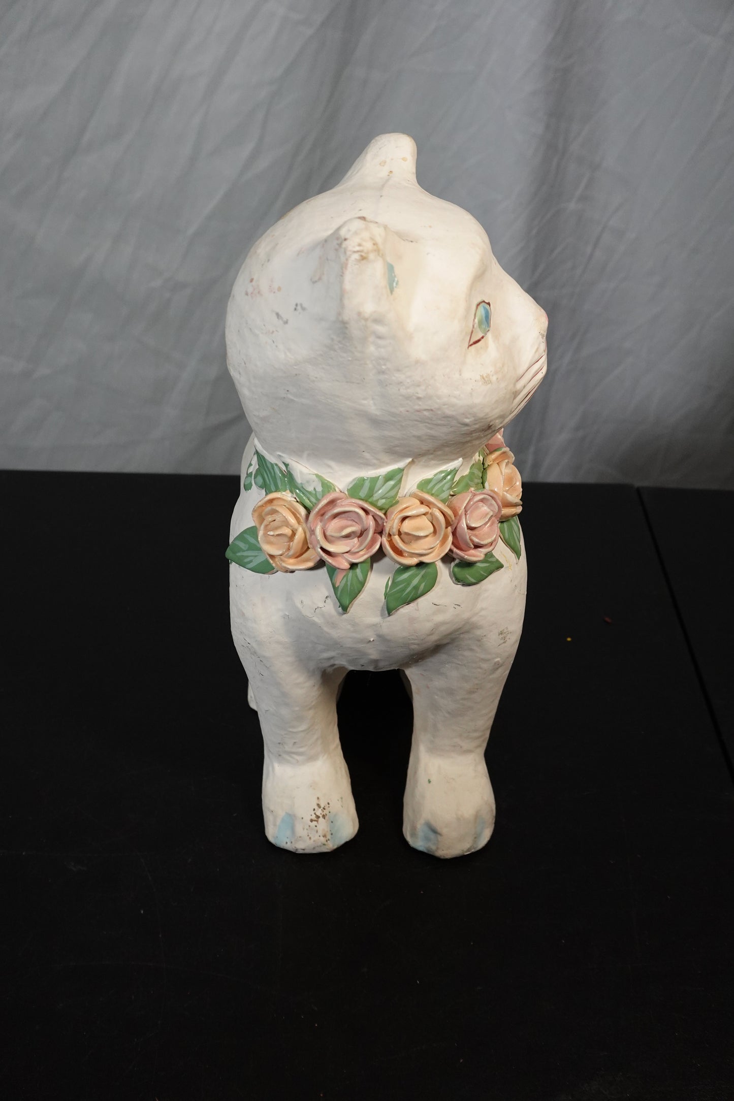 Unique Vintage Cat Figurine with Floral Collar