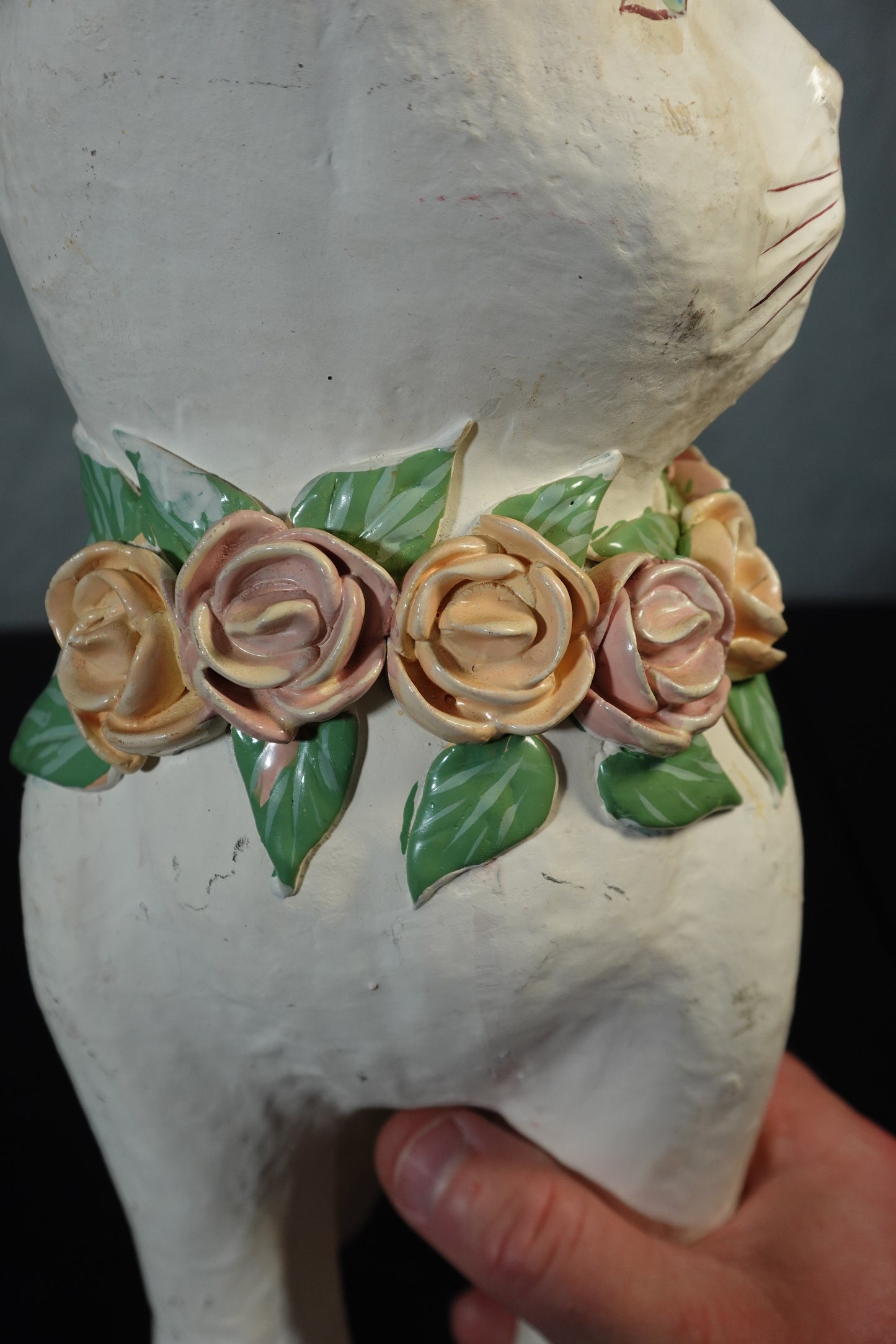Unique Vintage Cat Figurine with Floral Collar