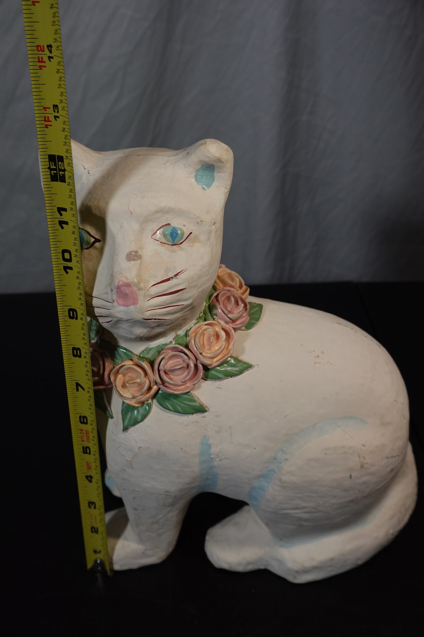 Unique Vintage Cat Figurine with Floral Collar