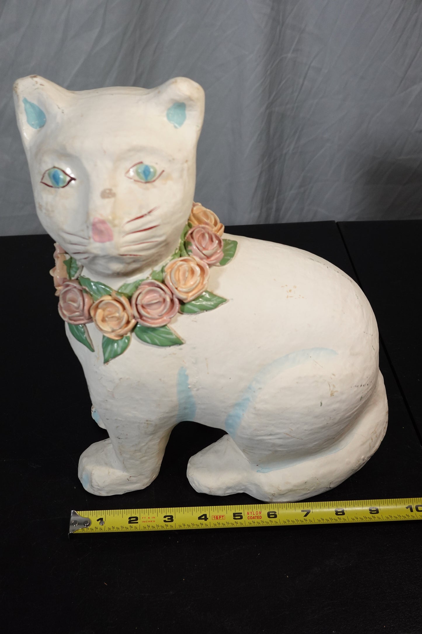 Unique Vintage Cat Figurine with Floral Collar
