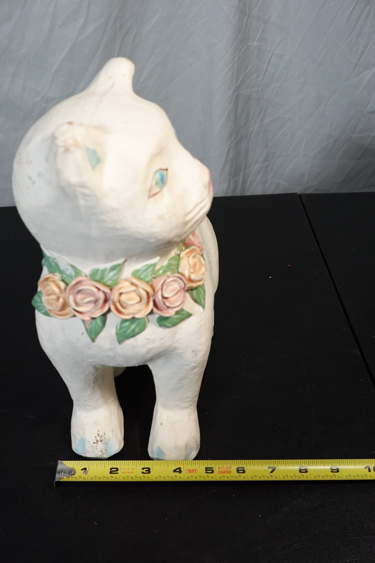 Unique Vintage Cat Figurine with Floral Collar