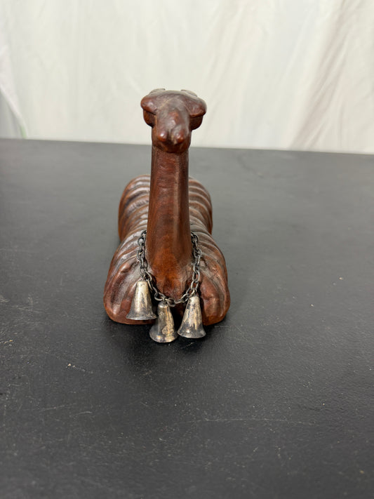 Vintage Hand-Carved Wood Llama Figurine from Peru with Bells
