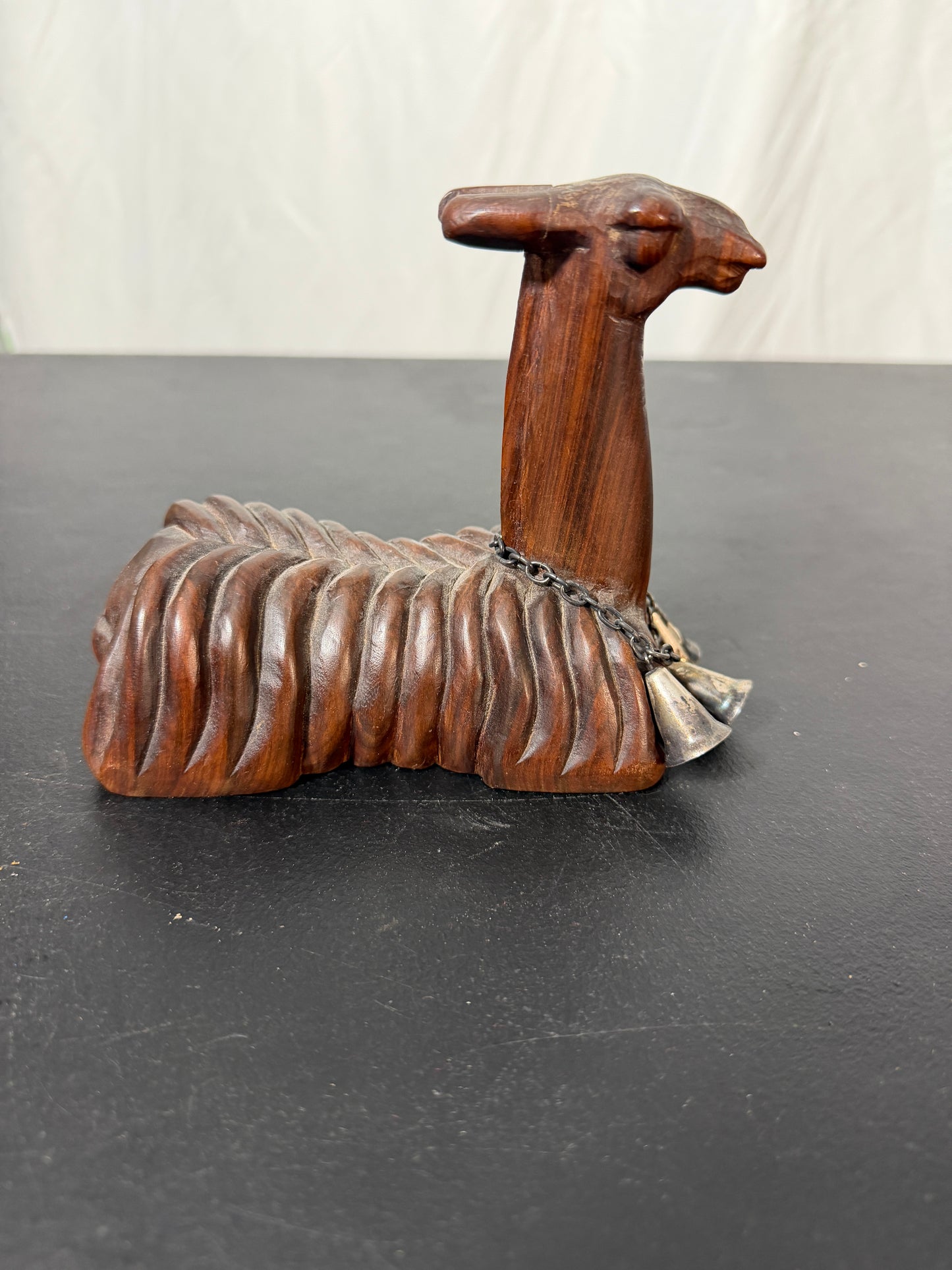 Vintage Hand-Carved Wood Llama Figurine from Peru with Bells - photo 2