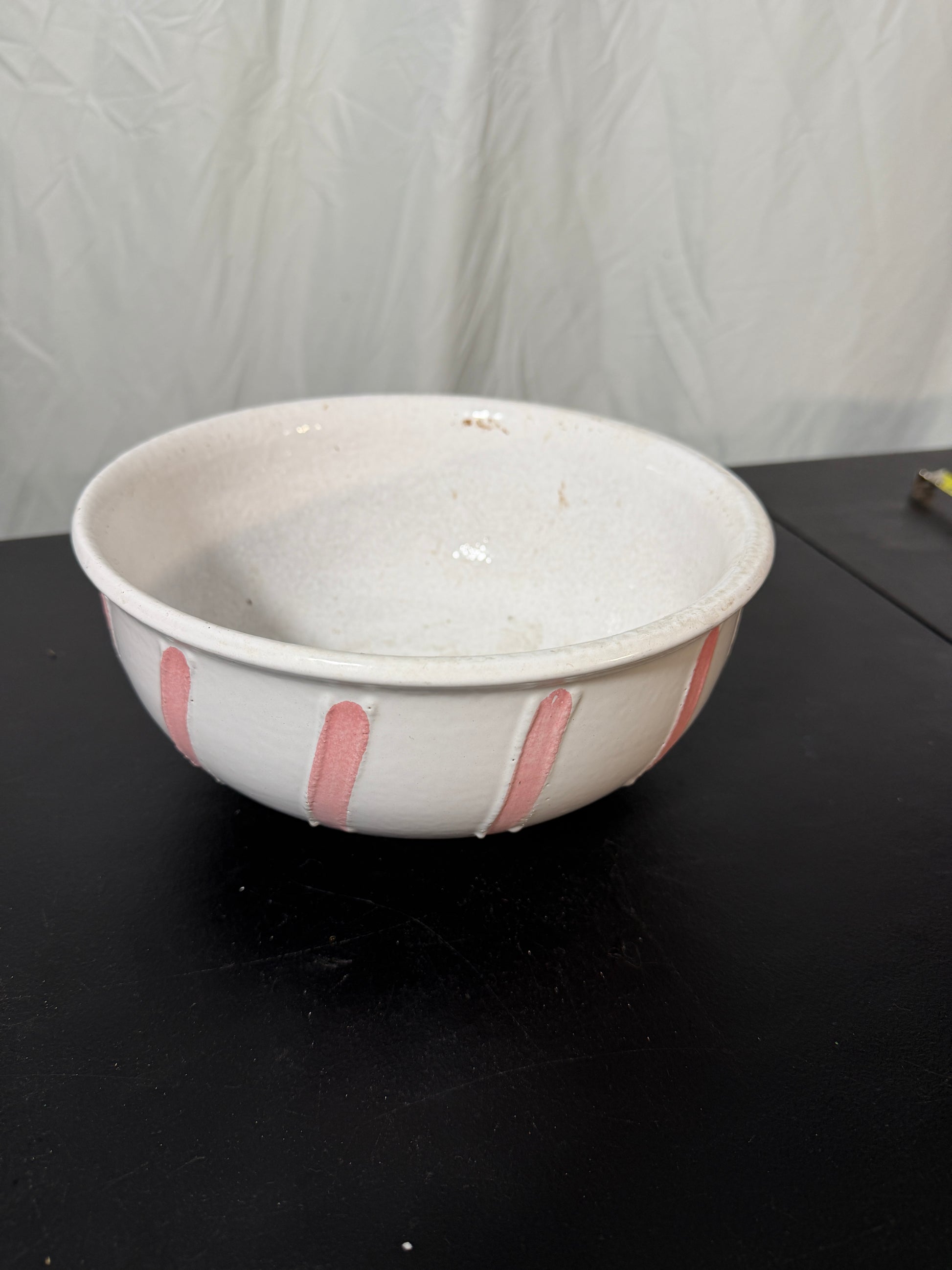 Strehla GDR Vintage Ceramic Serving Bowl White Glaze Pink Stripes