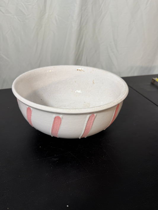 Strehla GDR Vintage Ceramic Serving Bowl White Glaze Pink Stripes