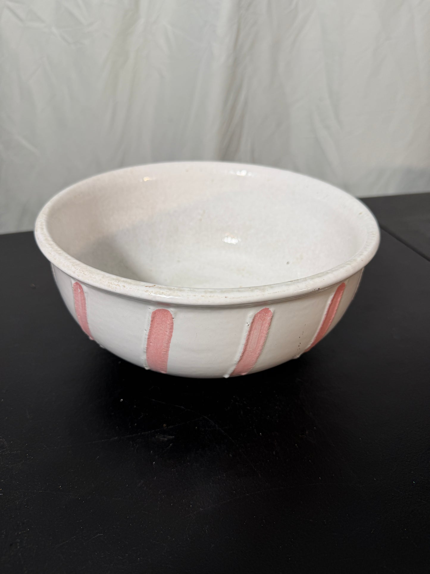 Strehla GDR Vintage Ceramic Serving Bowl White Glaze Pink Stripes - photo 2