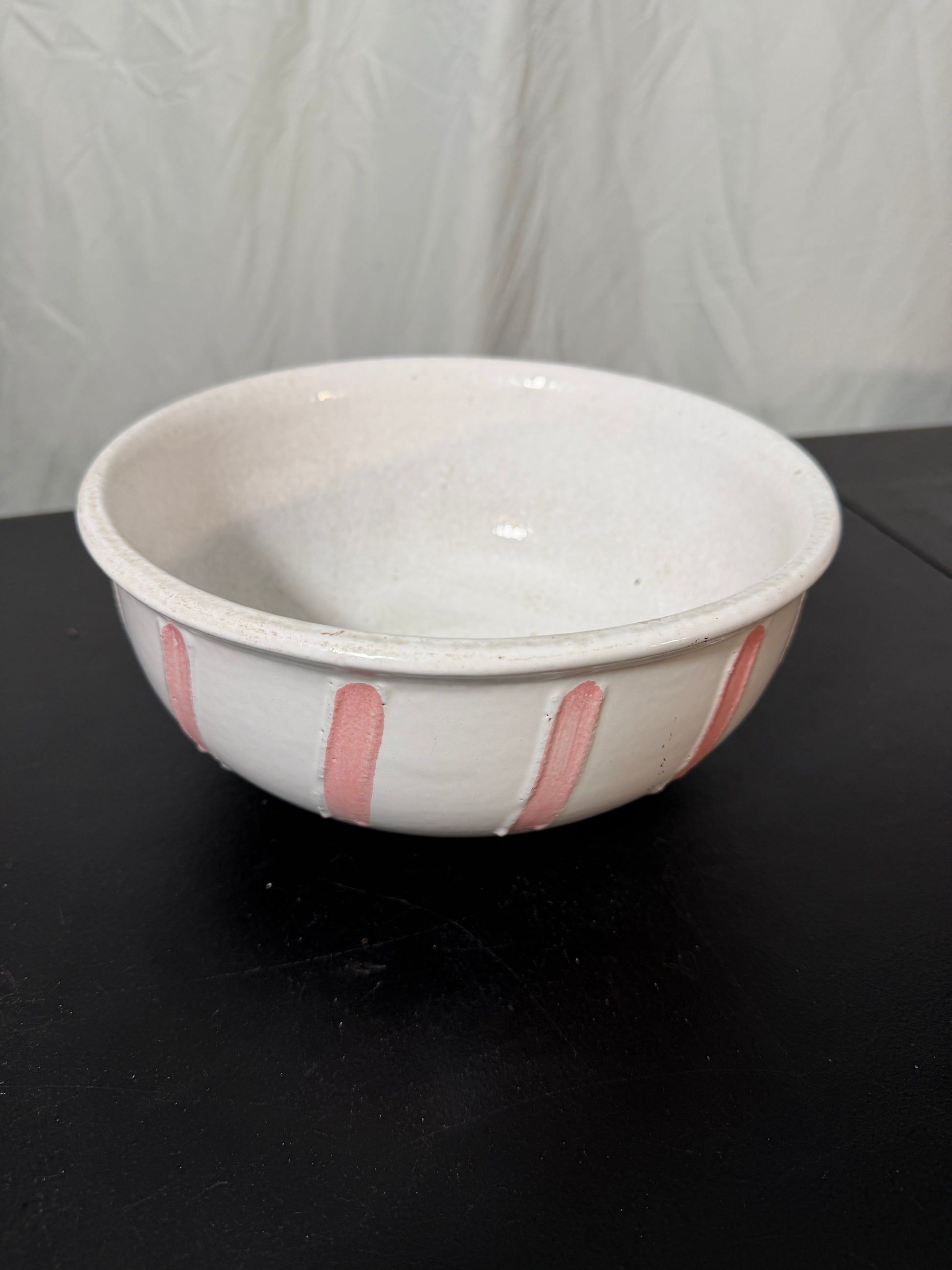 Strehla GDR Vintage Ceramic Serving Bowl White Glaze Pink Stripes - photo 2