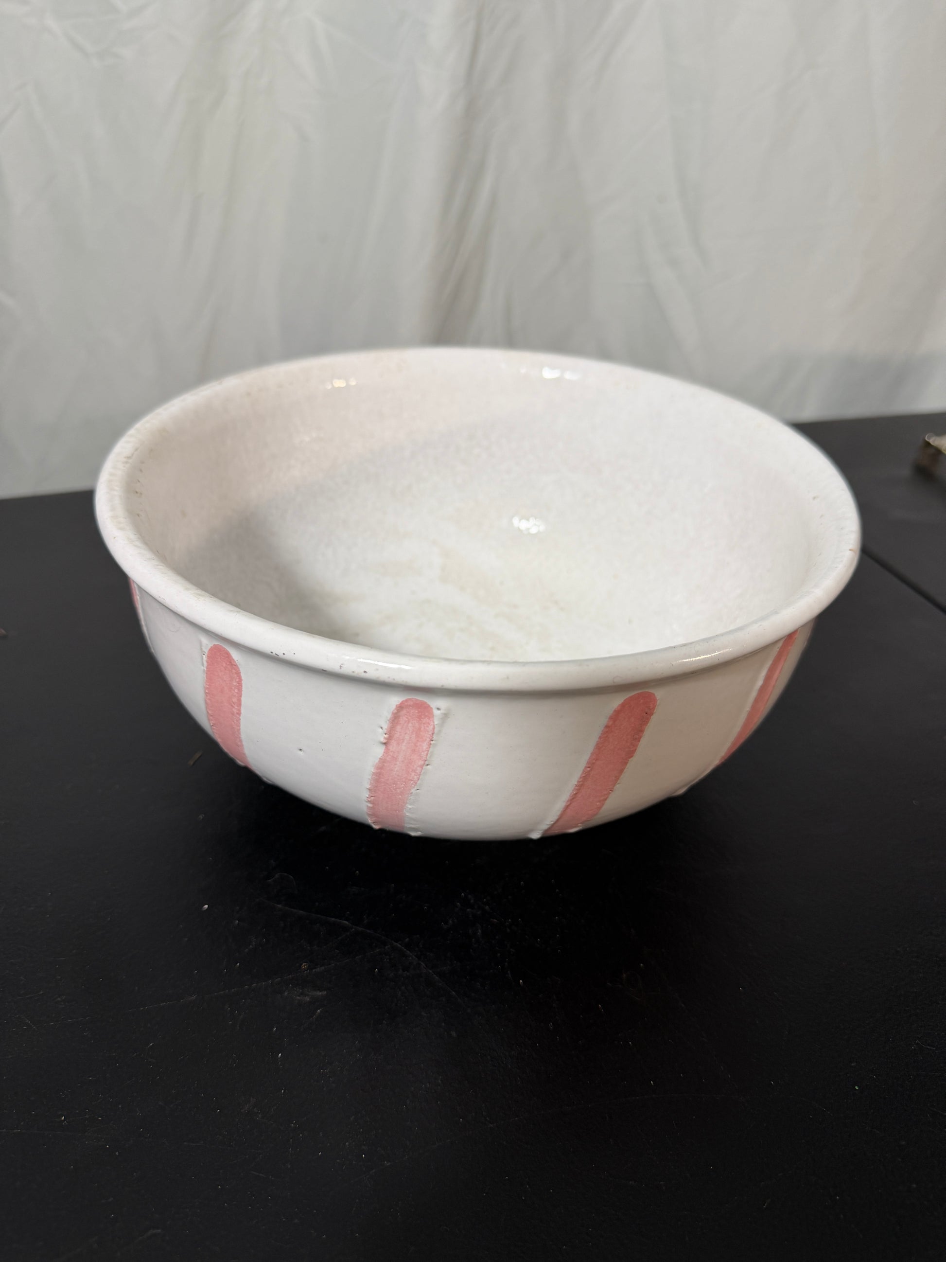 Strehla GDR Vintage Ceramic Serving Bowl White Glaze Pink Stripes - photo 3