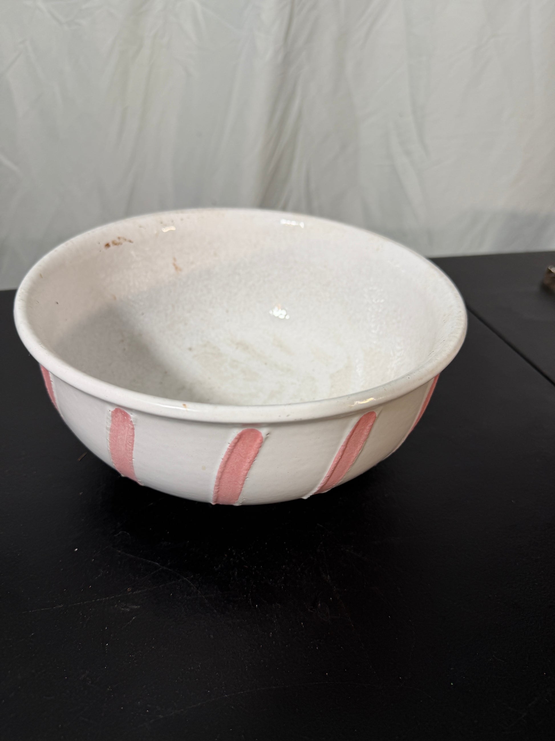 Strehla GDR Vintage Ceramic Serving Bowl White Glaze Pink Stripes - photo 4