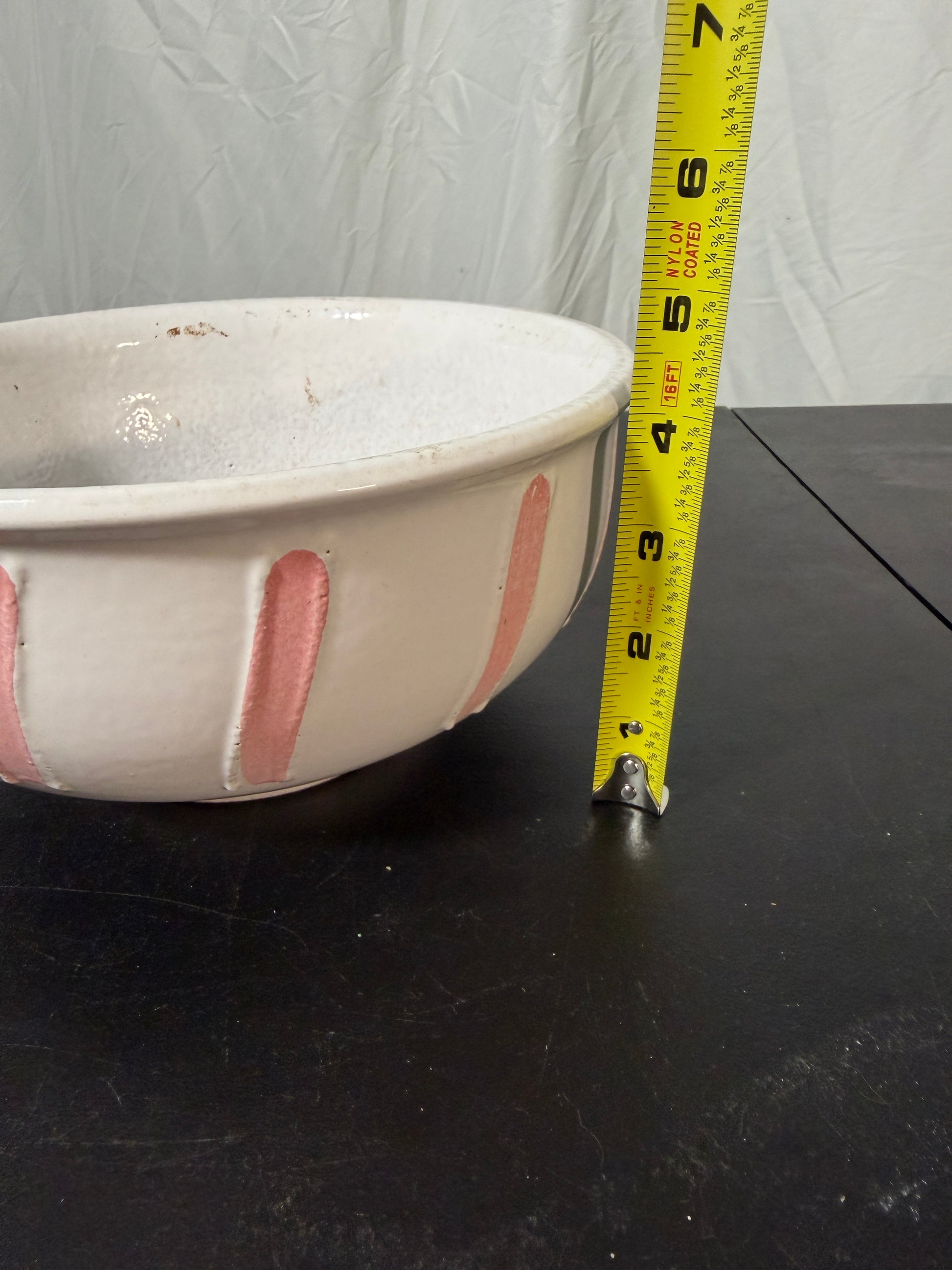 Strehla GDR Vintage Ceramic Serving Bowl White Glaze Pink Stripes - photo 8