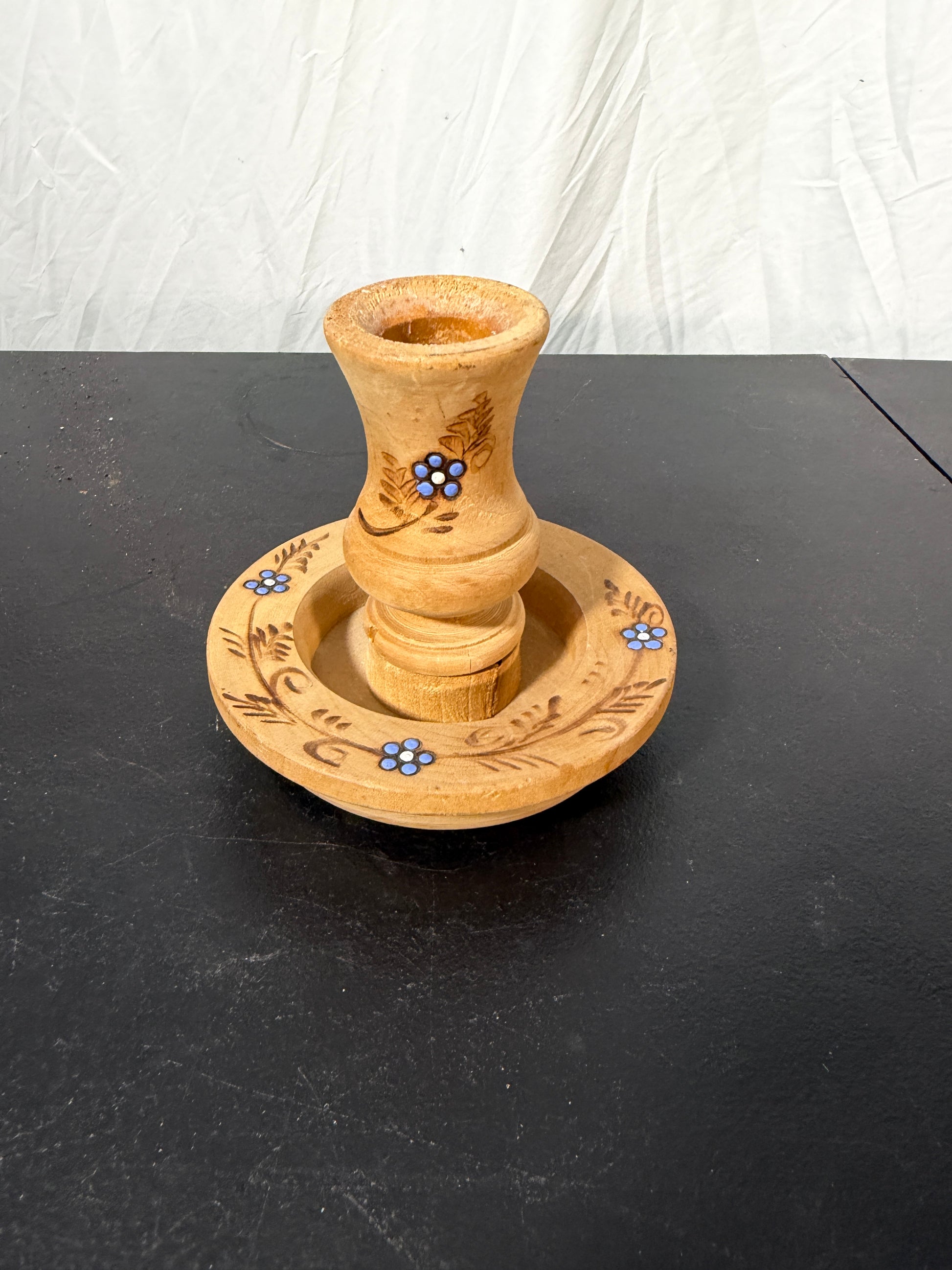 Vintage Wood Candlestick Holder with Hand-Painted Blue Floral Details
