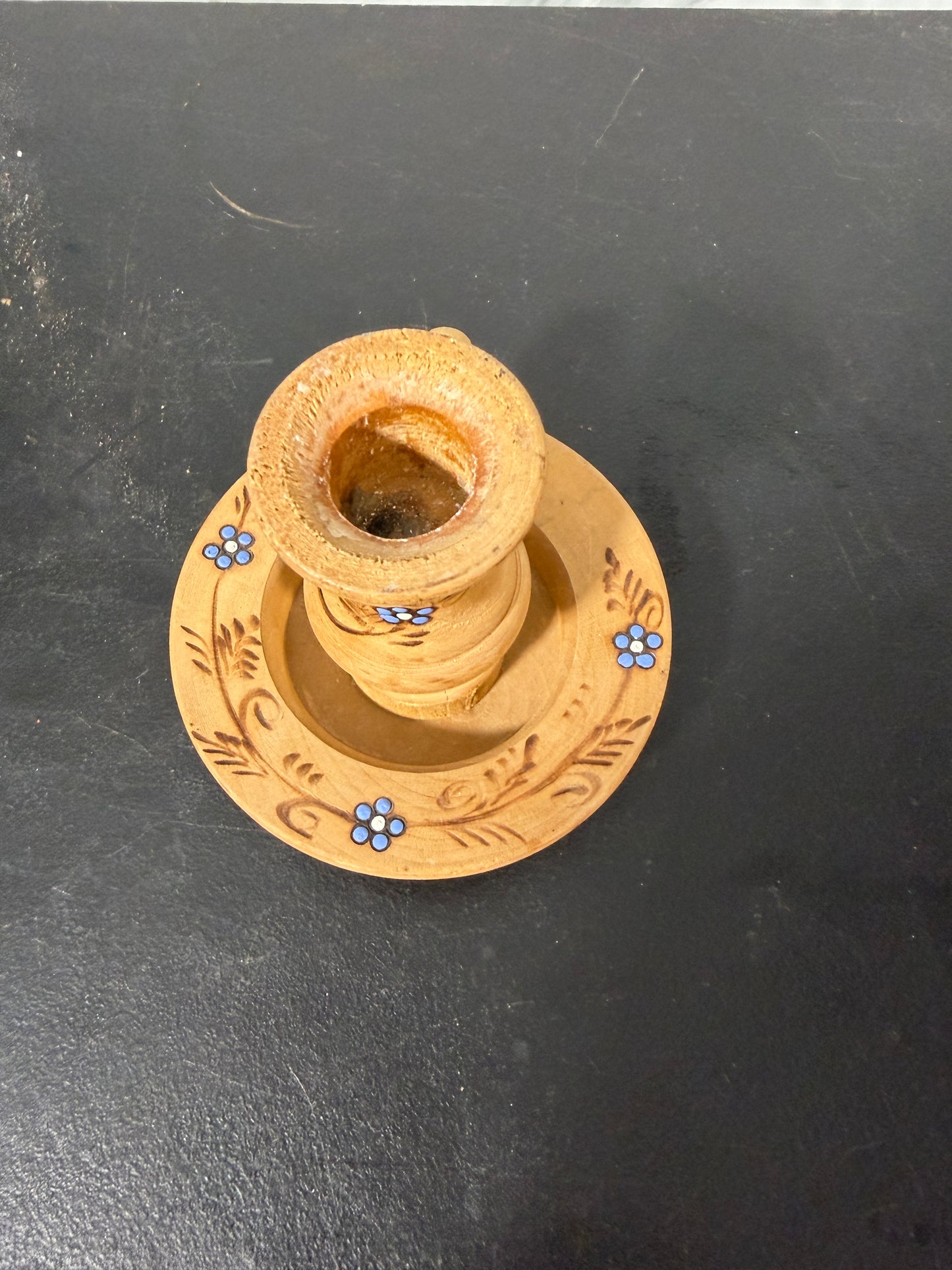 Vintage Wood Candlestick Holder with Hand-Painted Blue Floral Details - photo 2