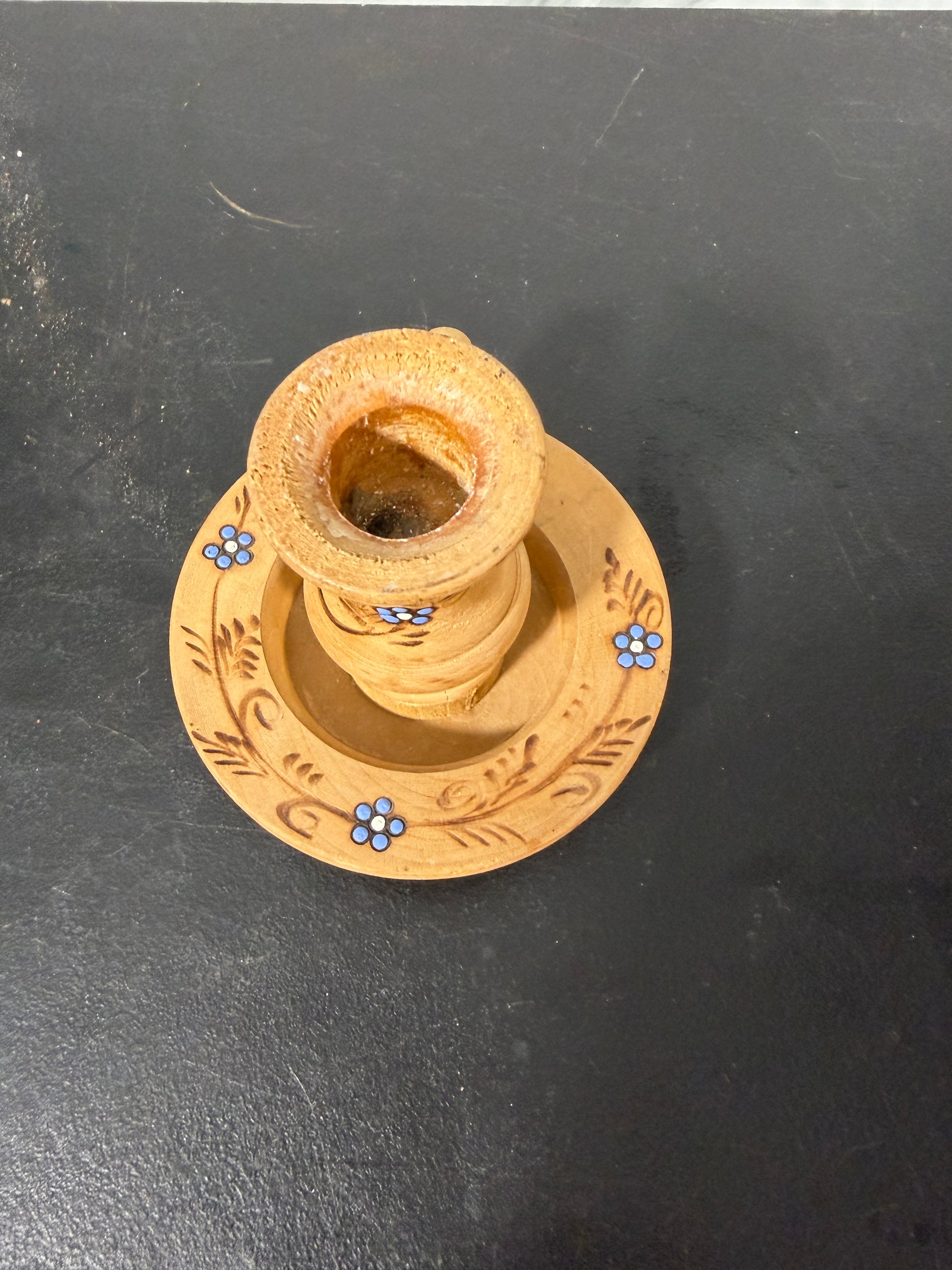 Vintage Wood Candlestick Holder with Hand-Painted Blue Floral Details - photo 2