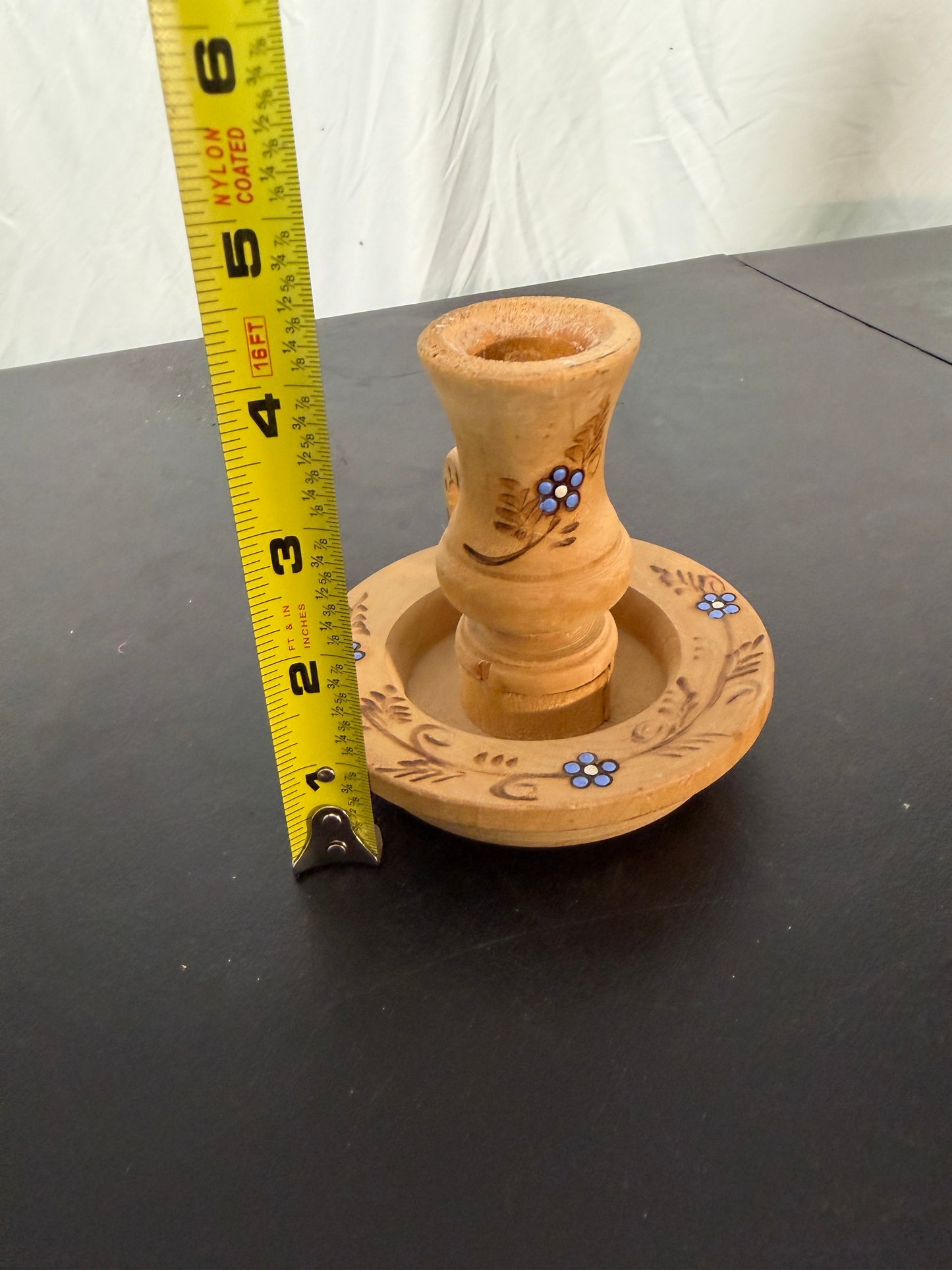 Vintage Wood Candlestick Holder with Hand-Painted Blue Floral Details - photo 4