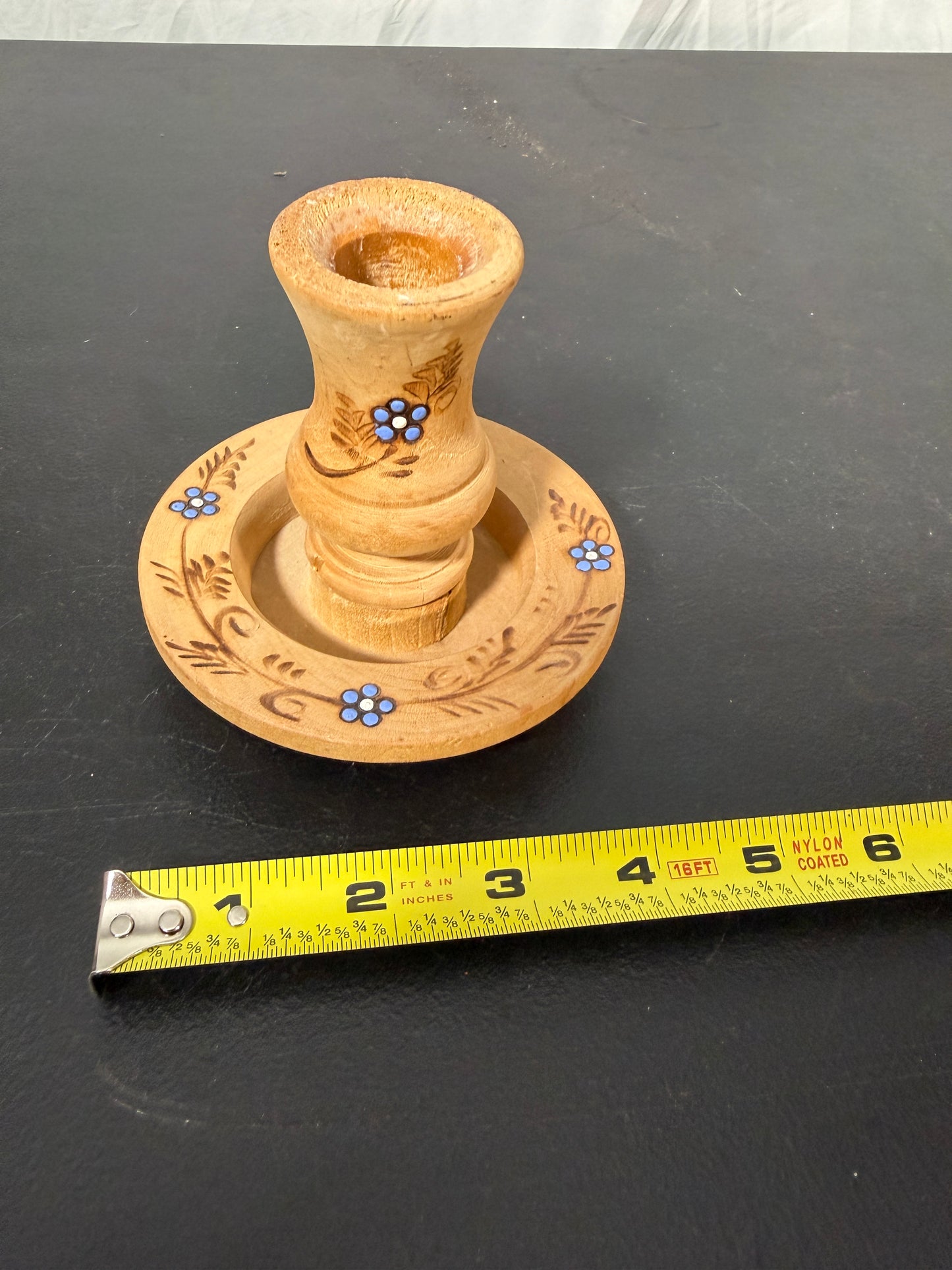 Vintage Wood Candlestick Holder with Hand-Painted Blue Floral Details - photo 5