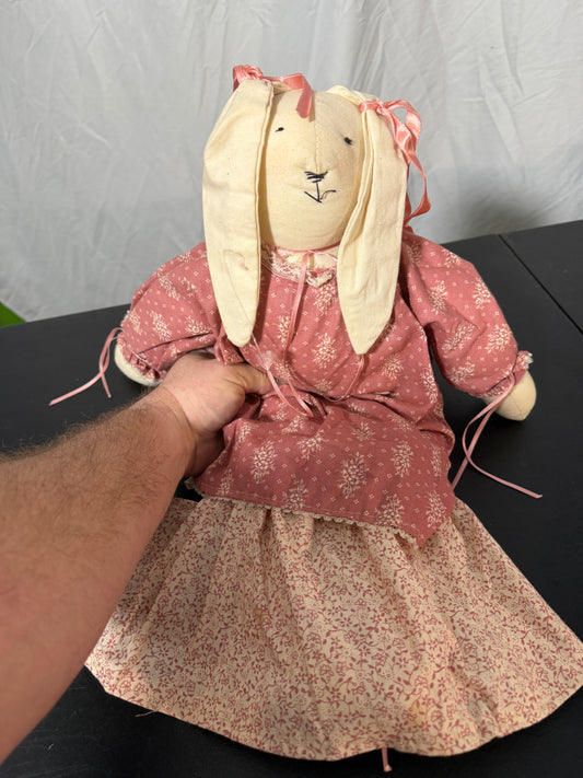 Vintage Handmade Cloth Bunny Rabbit Doll Floral Print Dress