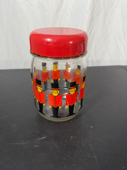 Vintage Castro Plasticos Glass Jar Toy Soldier Pattern Red Lid