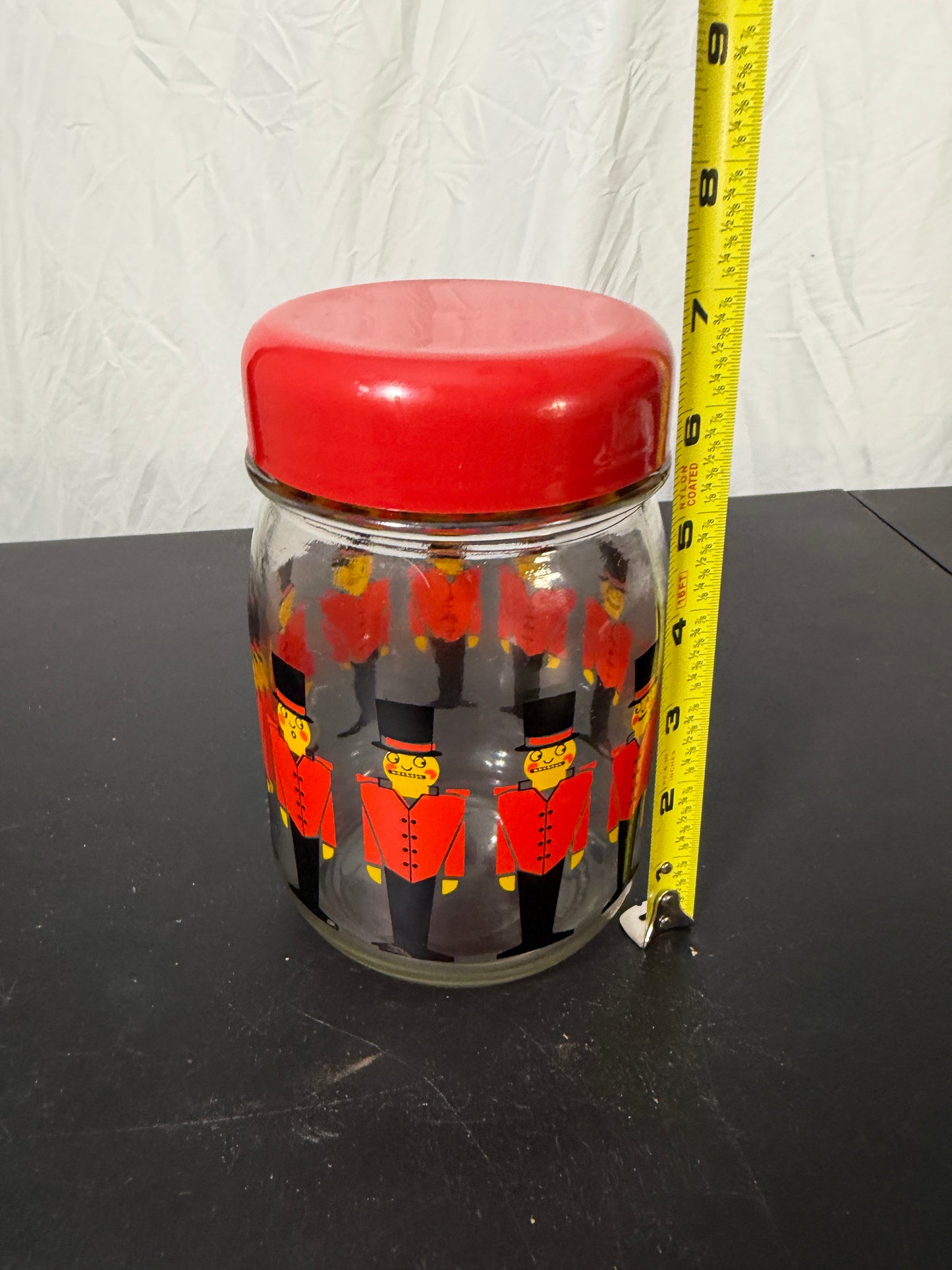 Vintage Castro Plasticos Glass Jar Toy Soldier Pattern Red Lid - photo 6