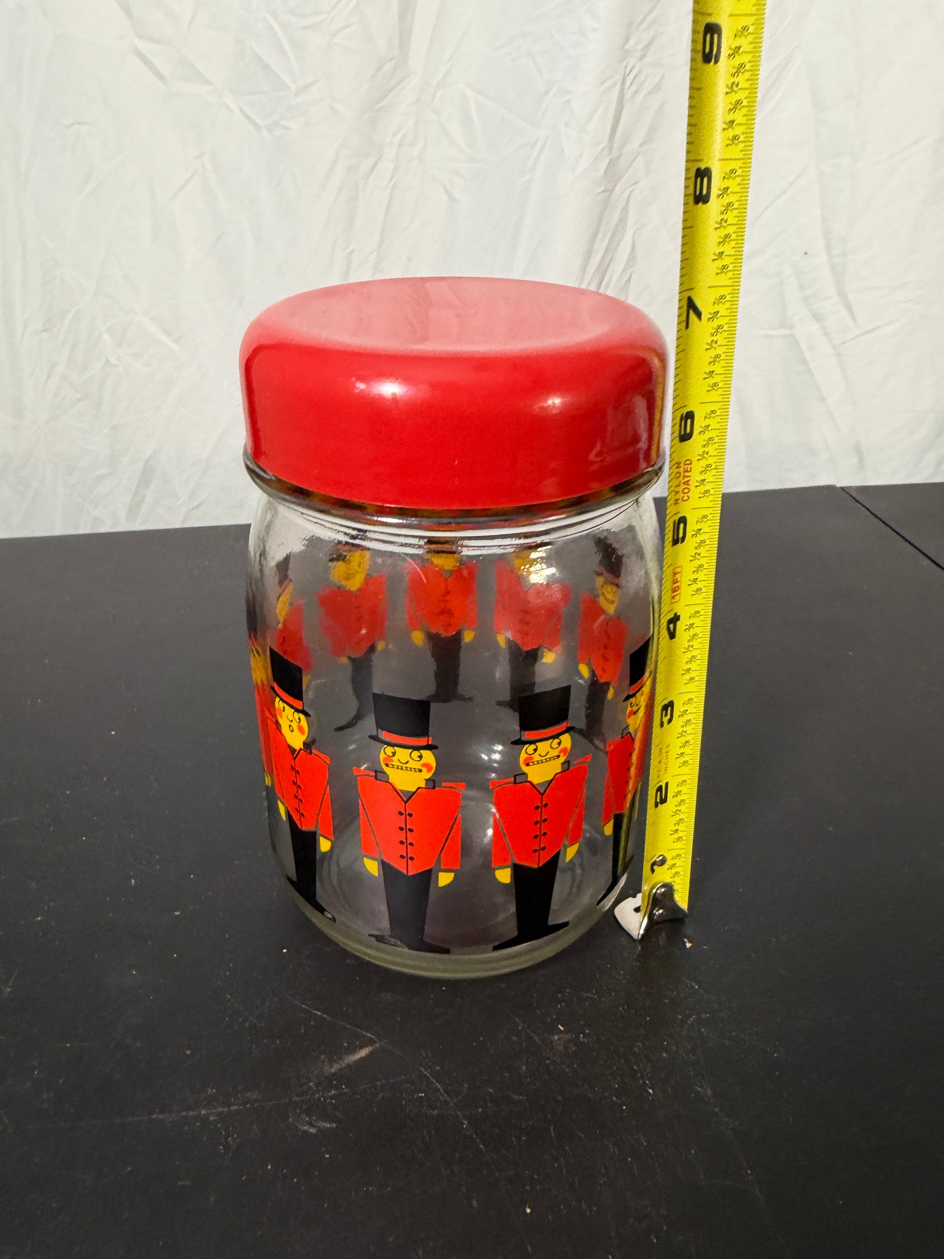 Vintage Castro Plasticos Glass Jar Toy Soldier Pattern Red Lid - photo 6