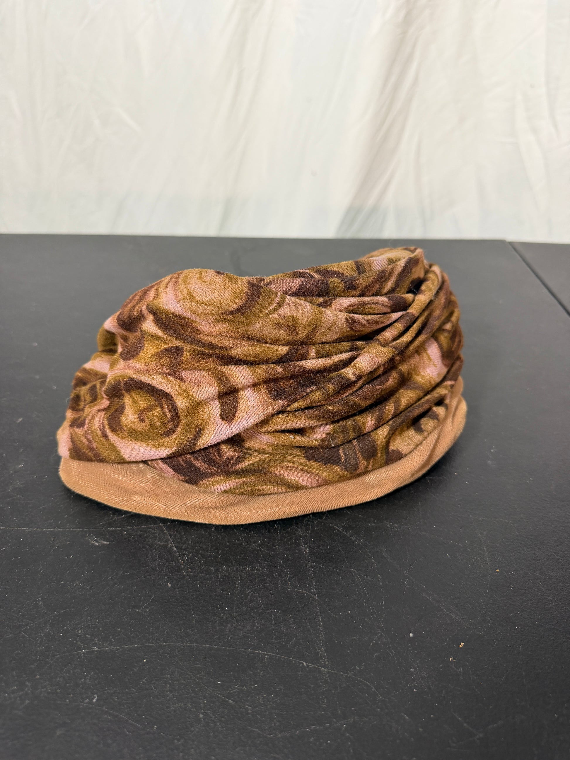 Vintage-Style Turban or Ruched Hat Brown Pink Floral Fabric