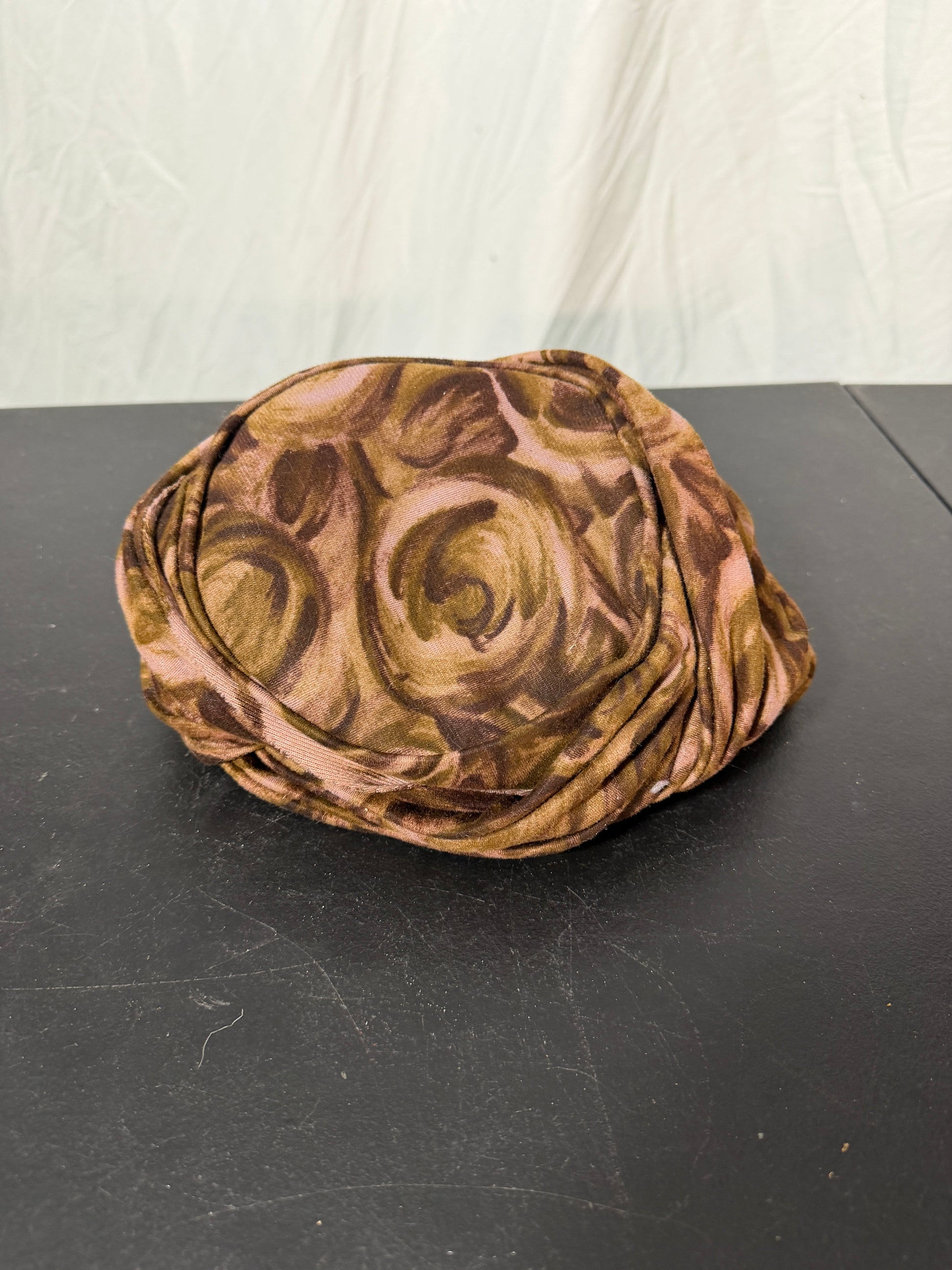 Vintage-Style Turban or Ruched Hat Brown Pink Floral Fabric - photo 2