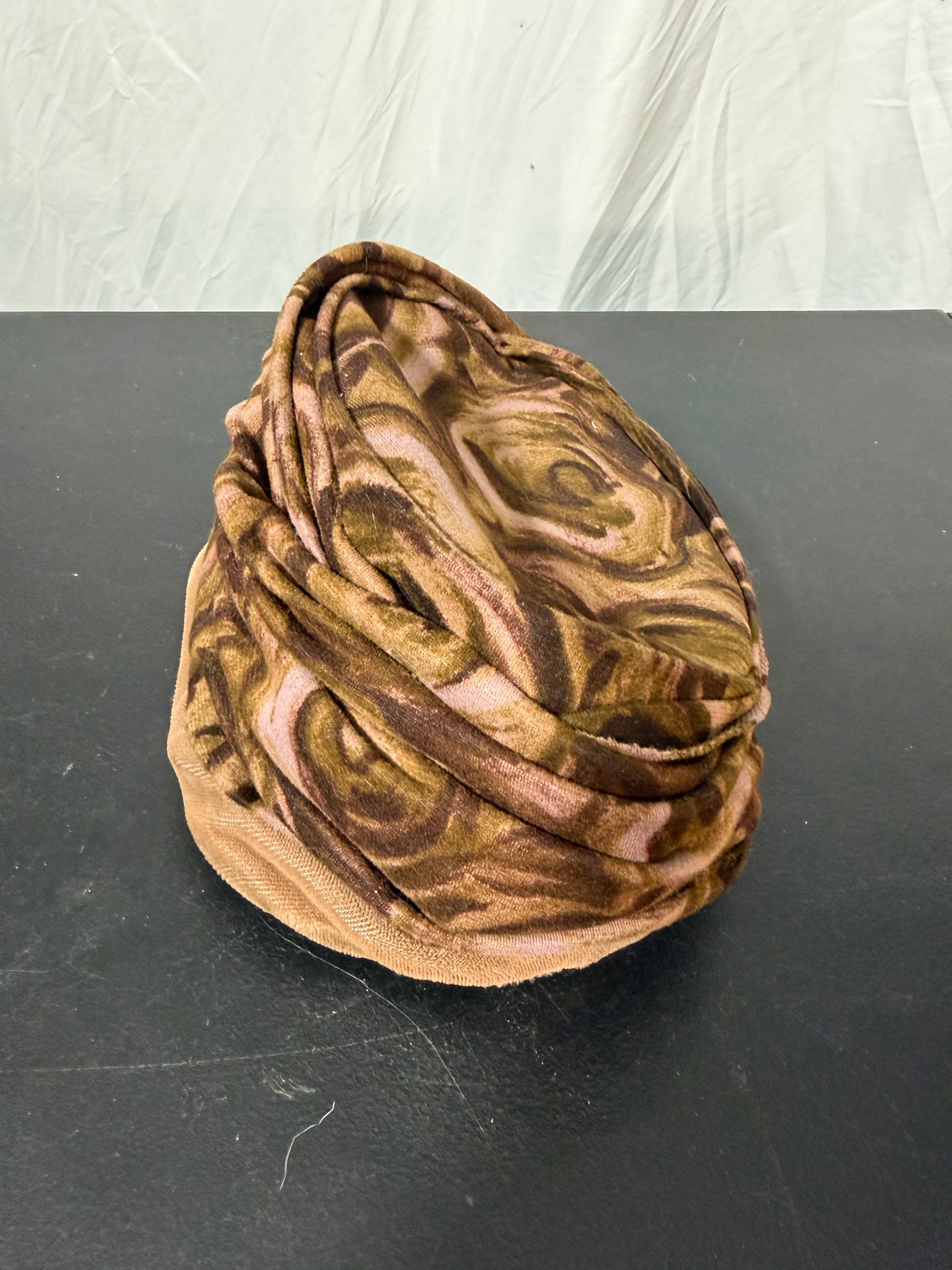 Vintage-Style Turban or Ruched Hat Brown Pink Floral Fabric - photo 3