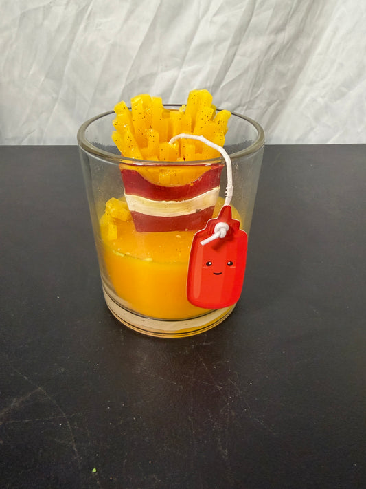 Scented Fast-Food Themed Candle with Yellow Fries and Ketchup Packet Tag