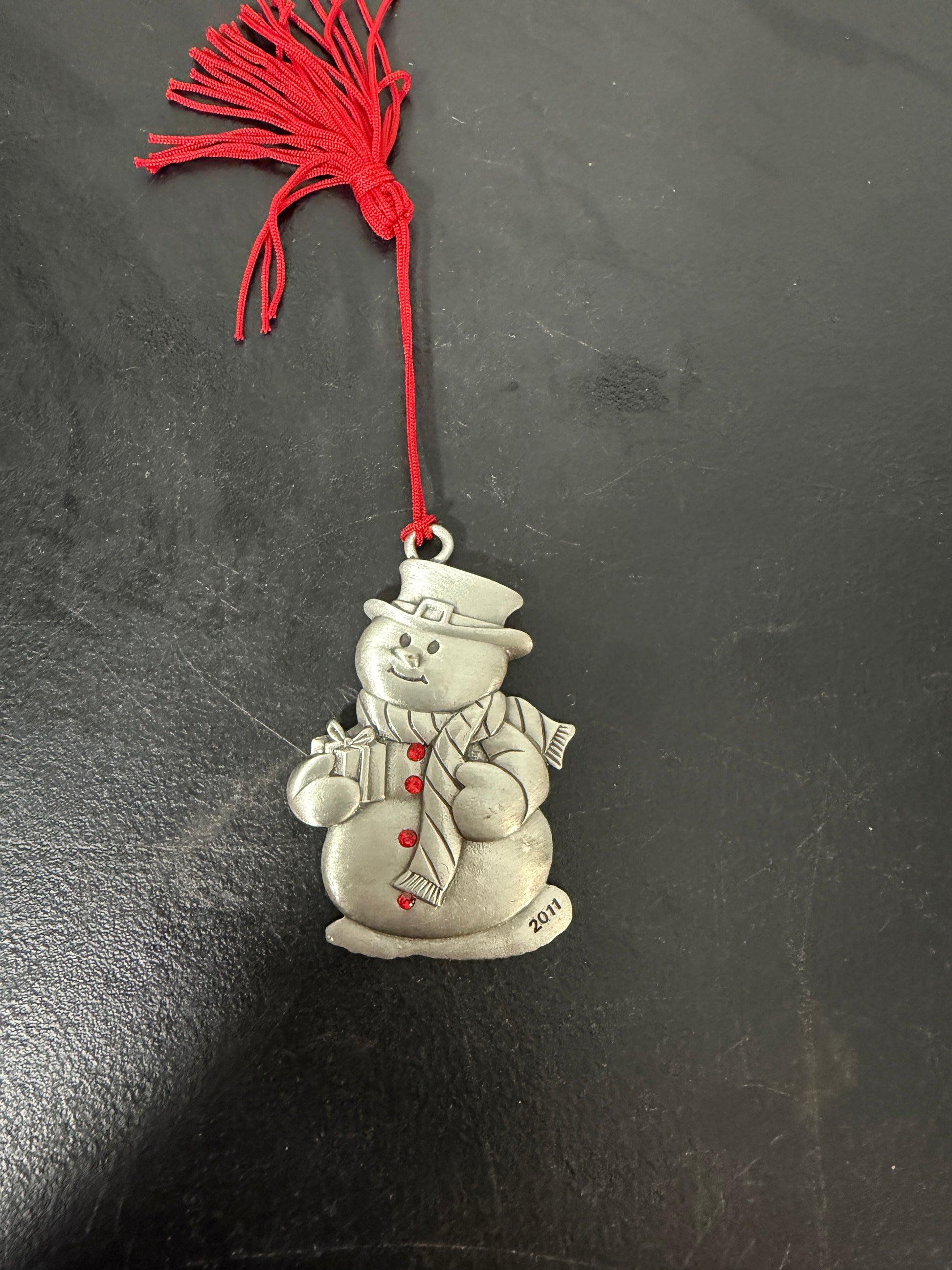 Avon 2011 Pewter Snowman Christmas Ornament with Red Rhinestone Accents