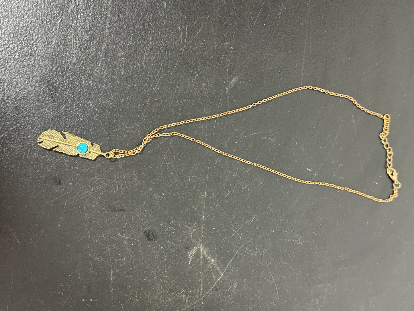 Vintage-Style Gold Plated Stainless Steel Feather Necklace with Turquoise Gemstone