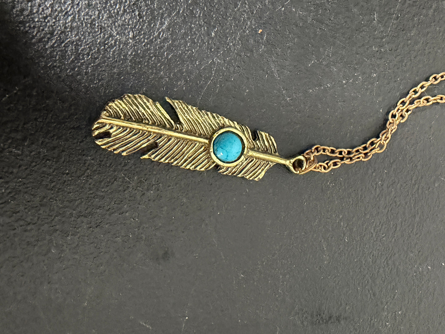 Vintage-Style Gold Plated Stainless Steel Feather Necklace with Turquoise Gemstone - photo 2