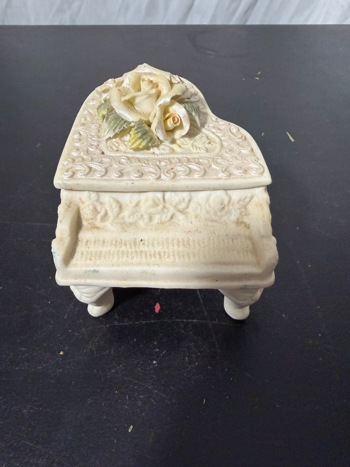 Heart Shaped Piano Trinket Box with Roses Ceramic
